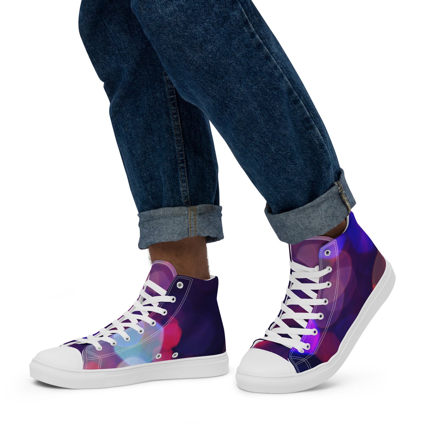 PJ Designs men's high top canvas shoes with purple and blue abstract design and white laces