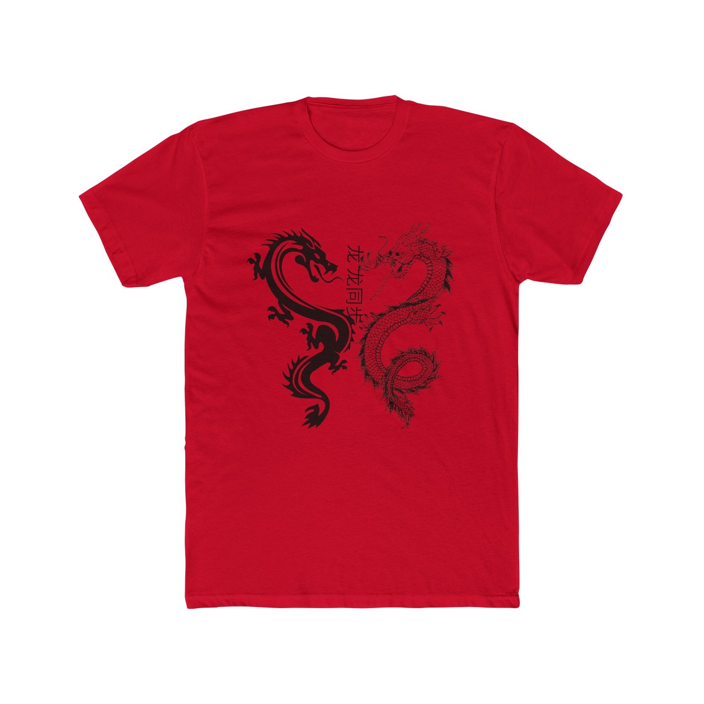 Red cotton crew neck dragon shirt with black twin dragon graphic and vertical calligraphy