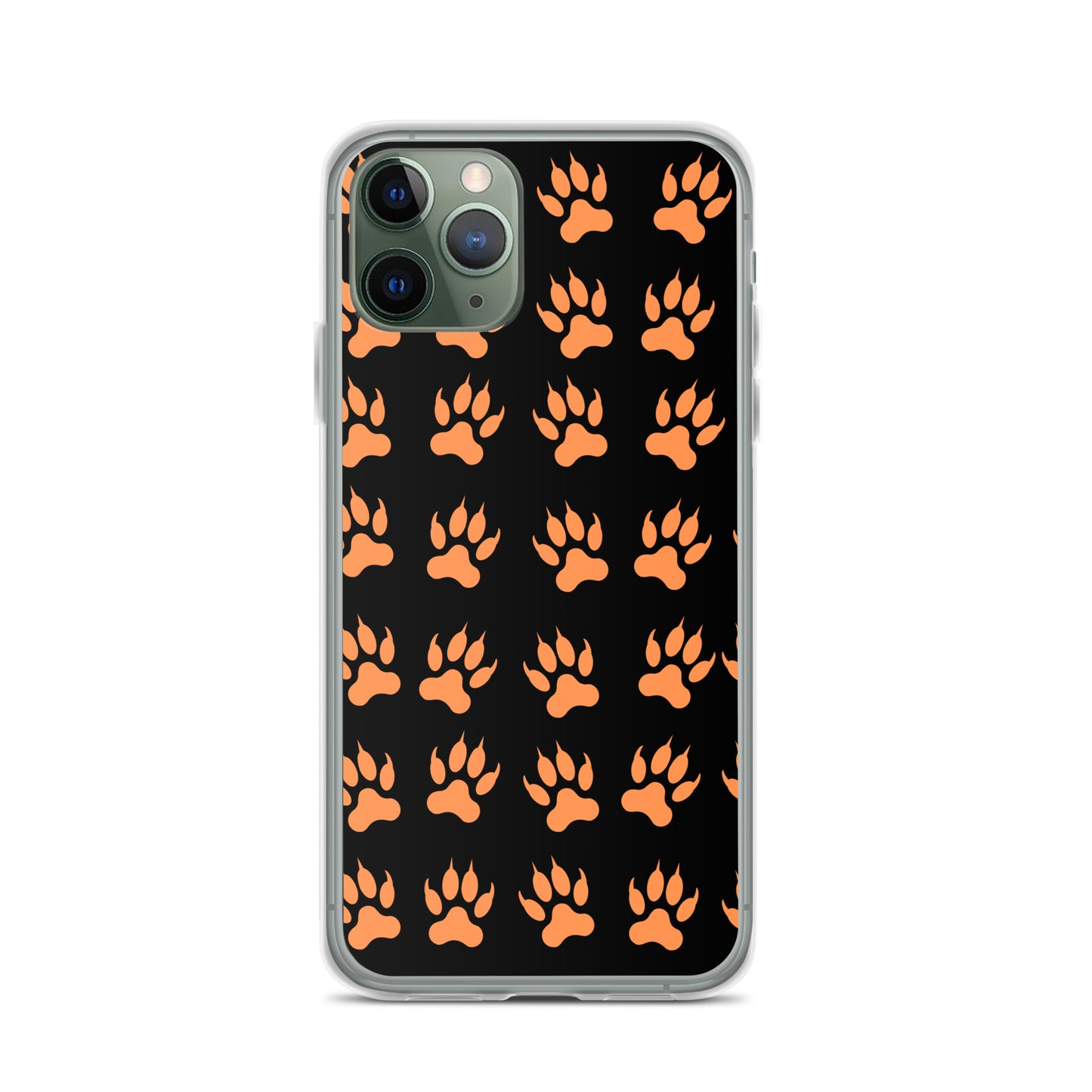 PJ Design protective tiger paw phone cover with orange paw prints on black background
