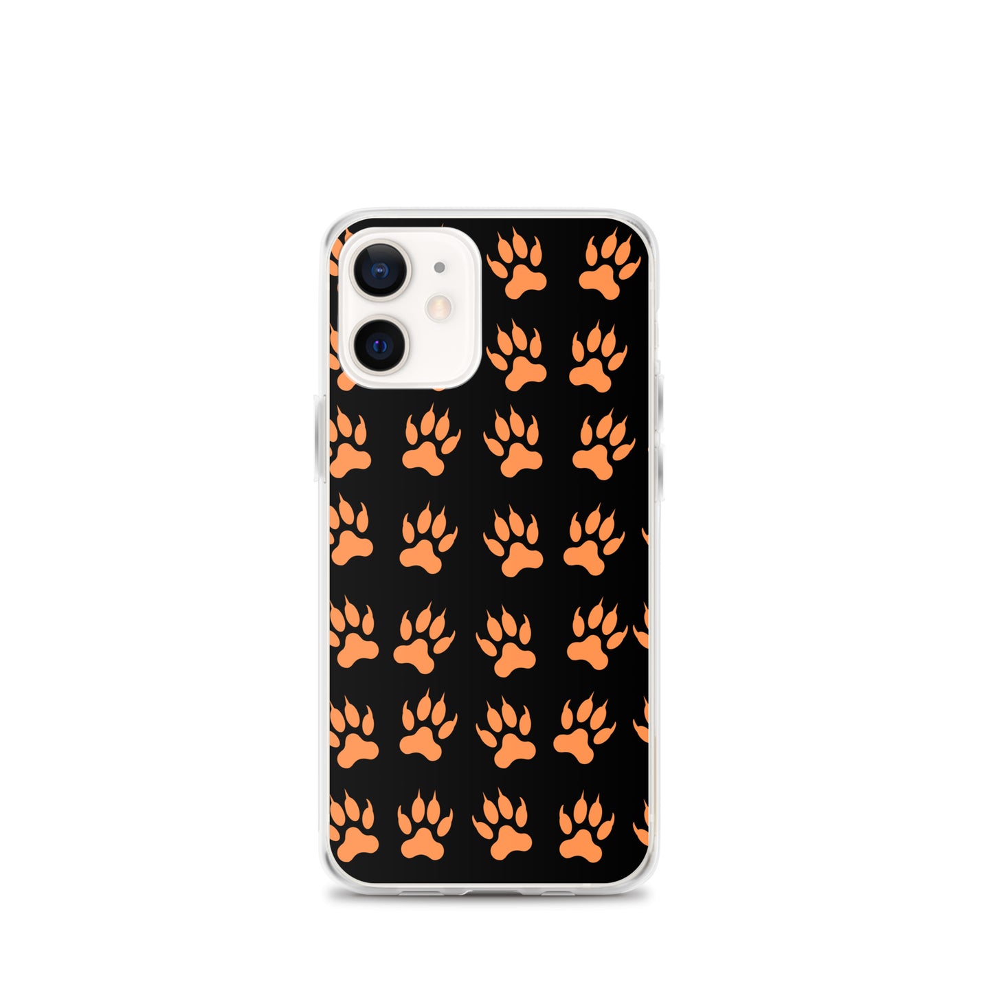 PJ Designs protective tiger paw phone cover with orange paw prints on black background for IPhone
