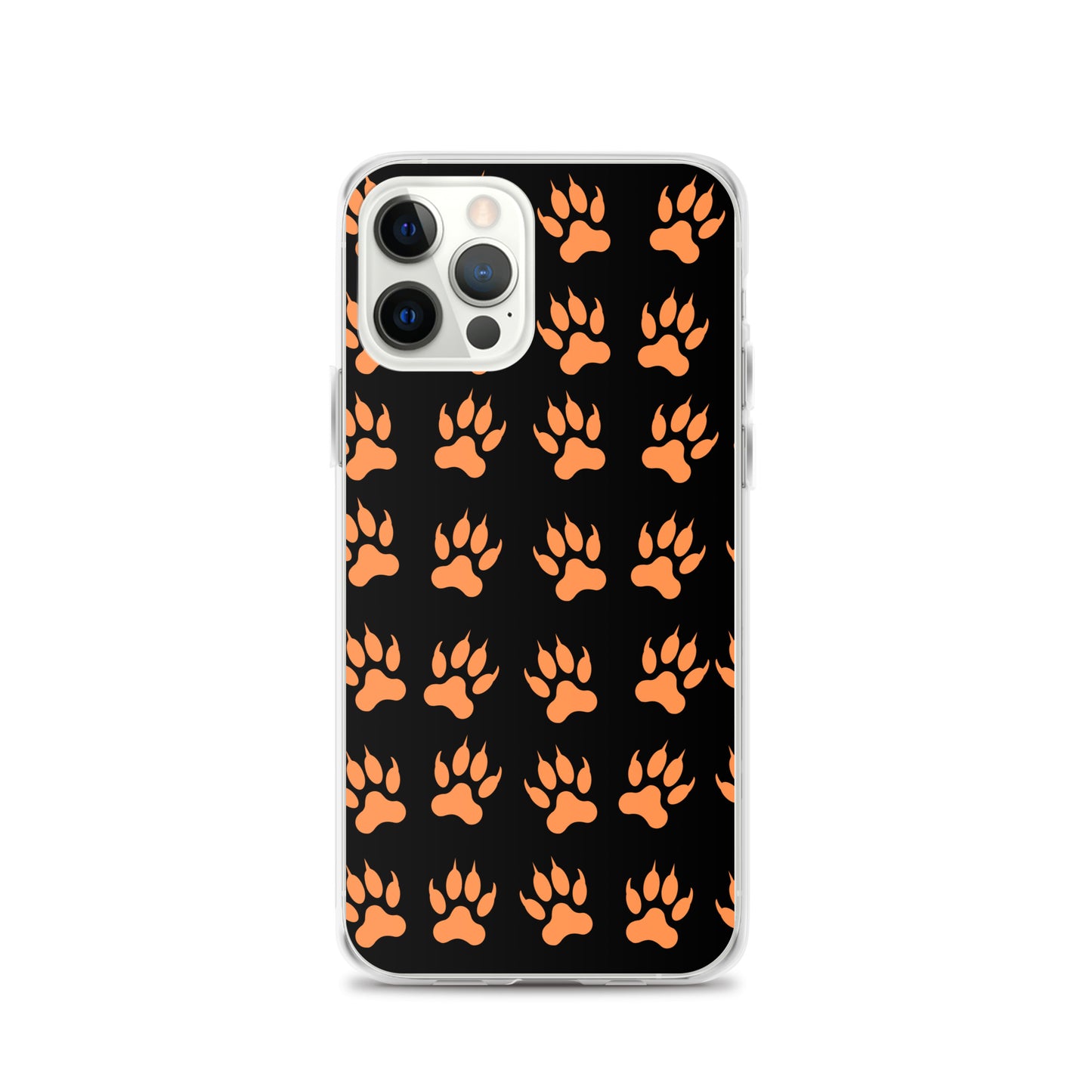 PJ Designs protective tiger paw phone cover with orange paw prints on black background for iPhone
