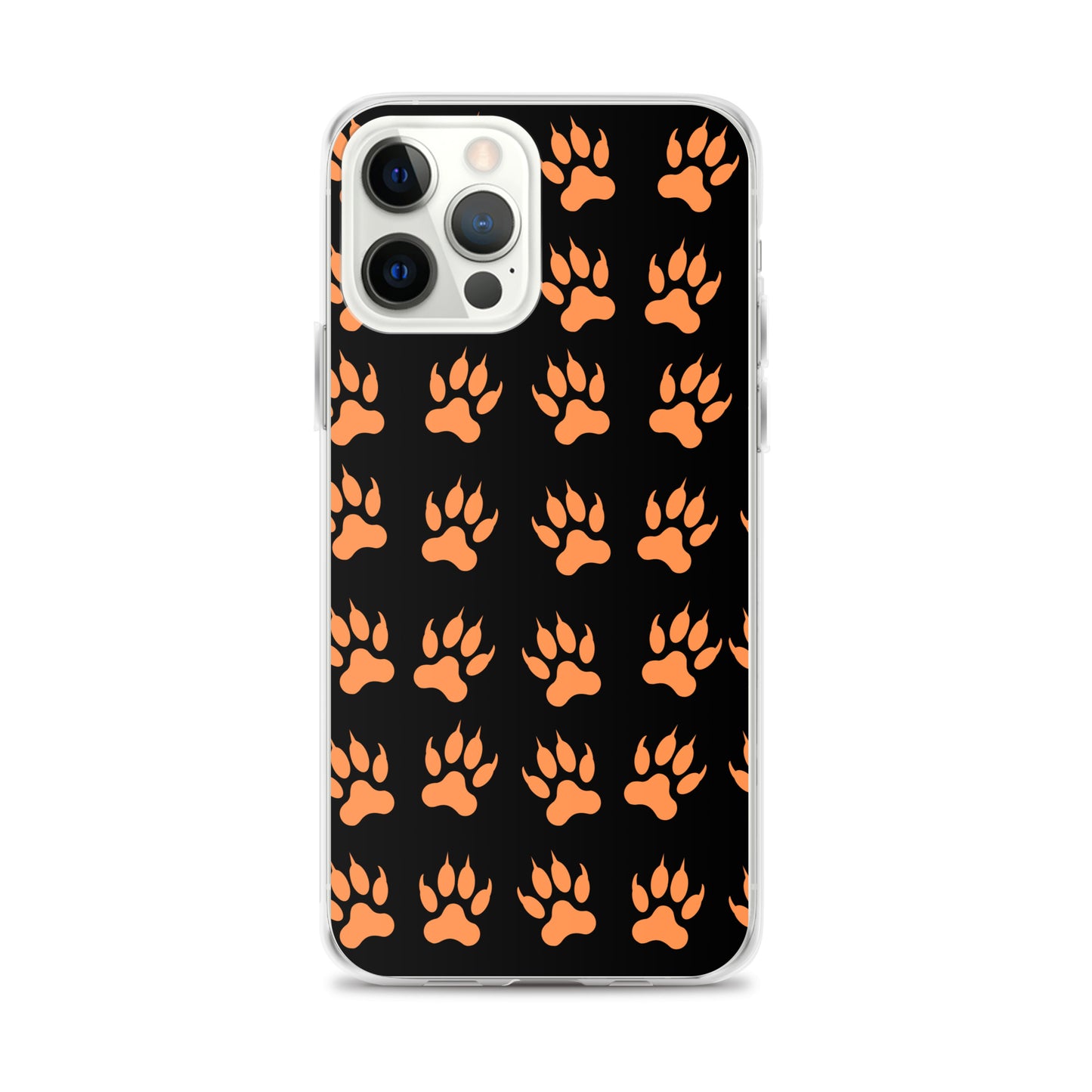 PJ Designs protective tiger paw phone cover with orange paw prints on black background