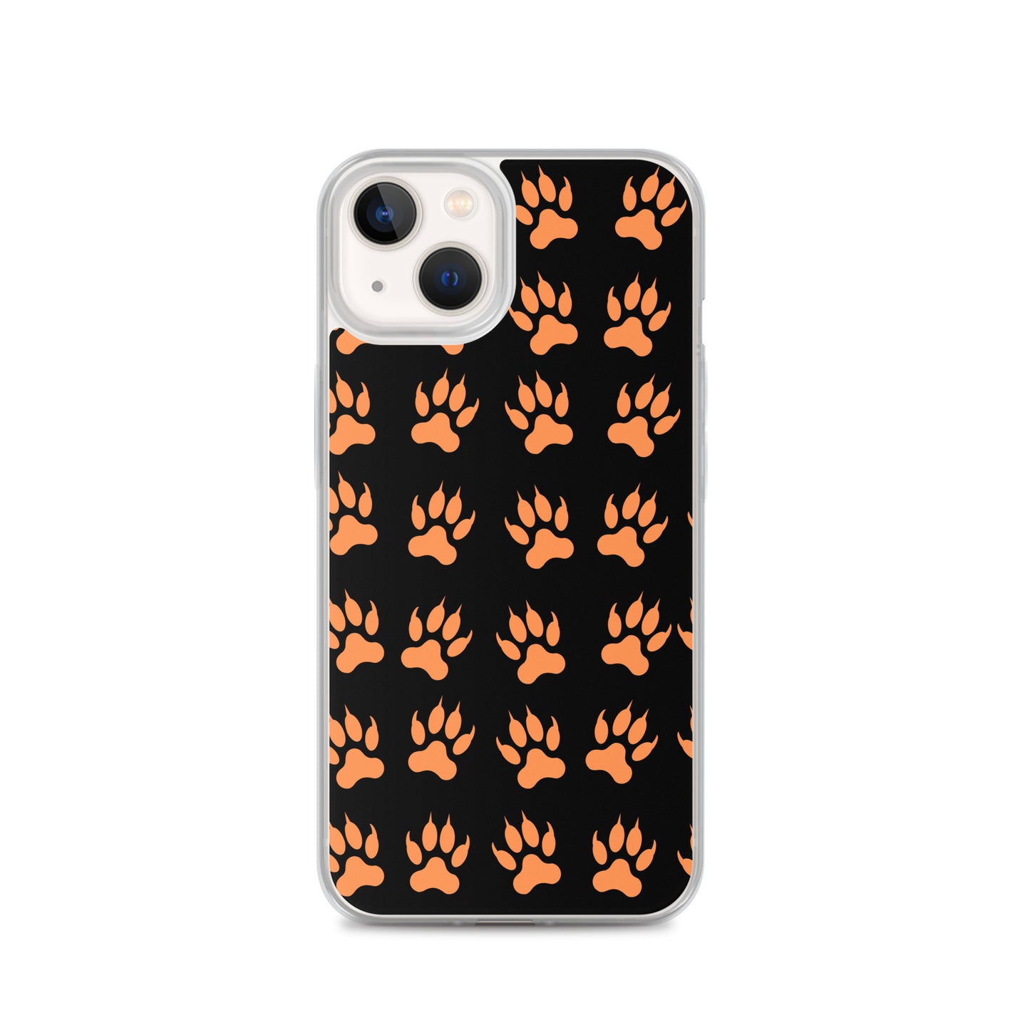 PJ Designs protective tiger paw phone cover with orange tiger paw prints on black background