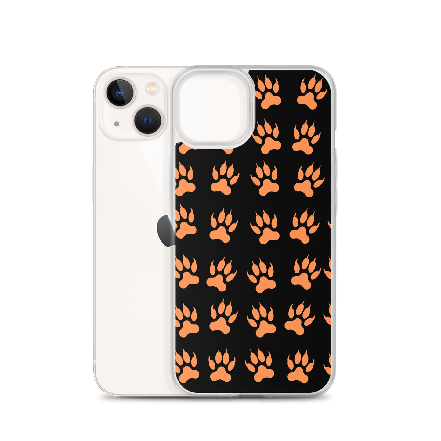 PJ Designs protective tiger paw phone cover with orange paw prints on black background