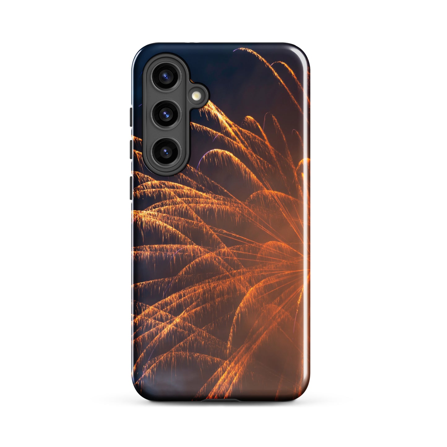 Protective Samsung case firework design by PJ Designs with vibrant orange fireworks on black background
