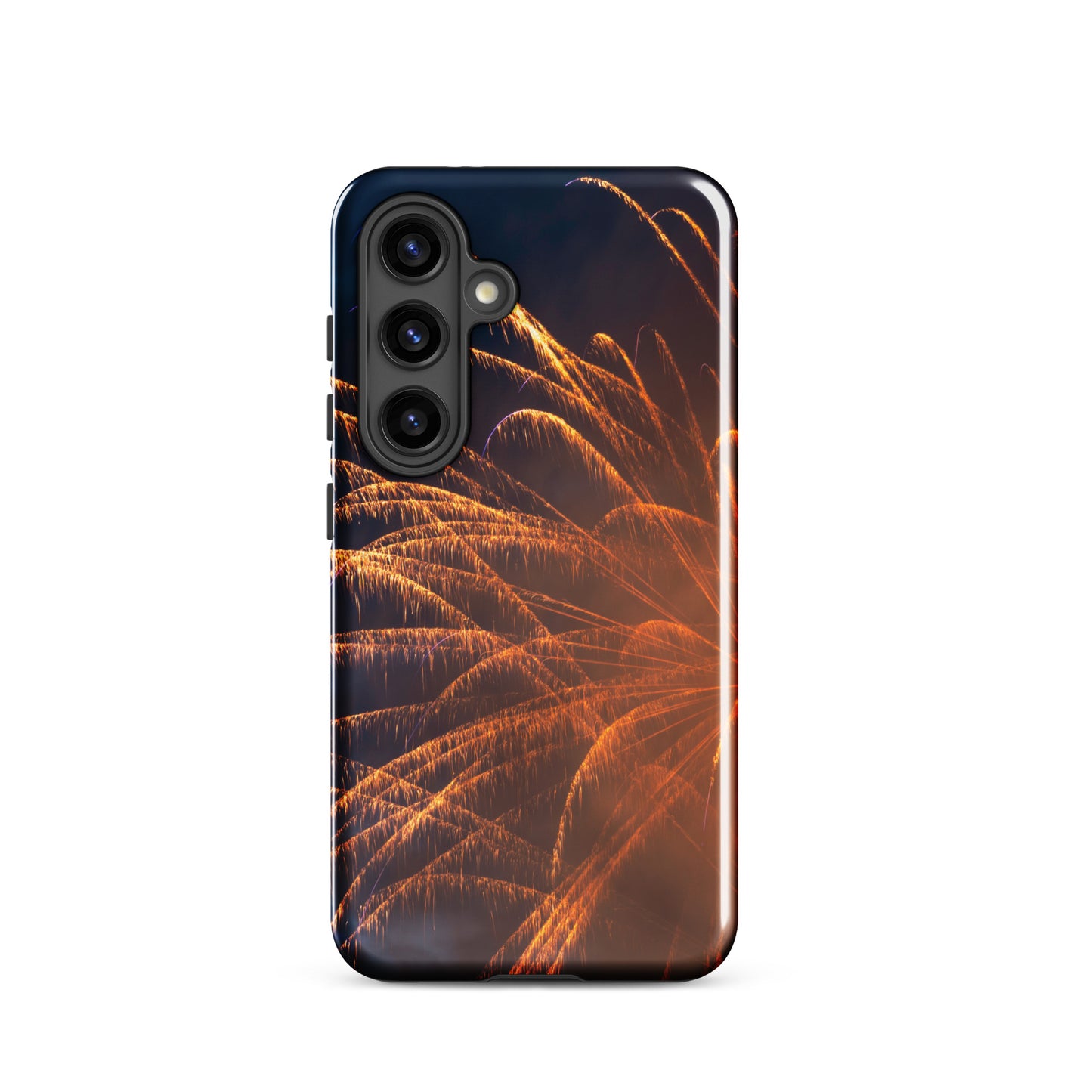 PJ Designs protective Samsung case firework design with orange sparks on dark background
