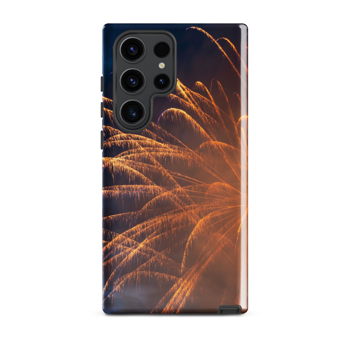 Protective Samsung case firework design by PJ Designs featuring orange fireworks on dark background