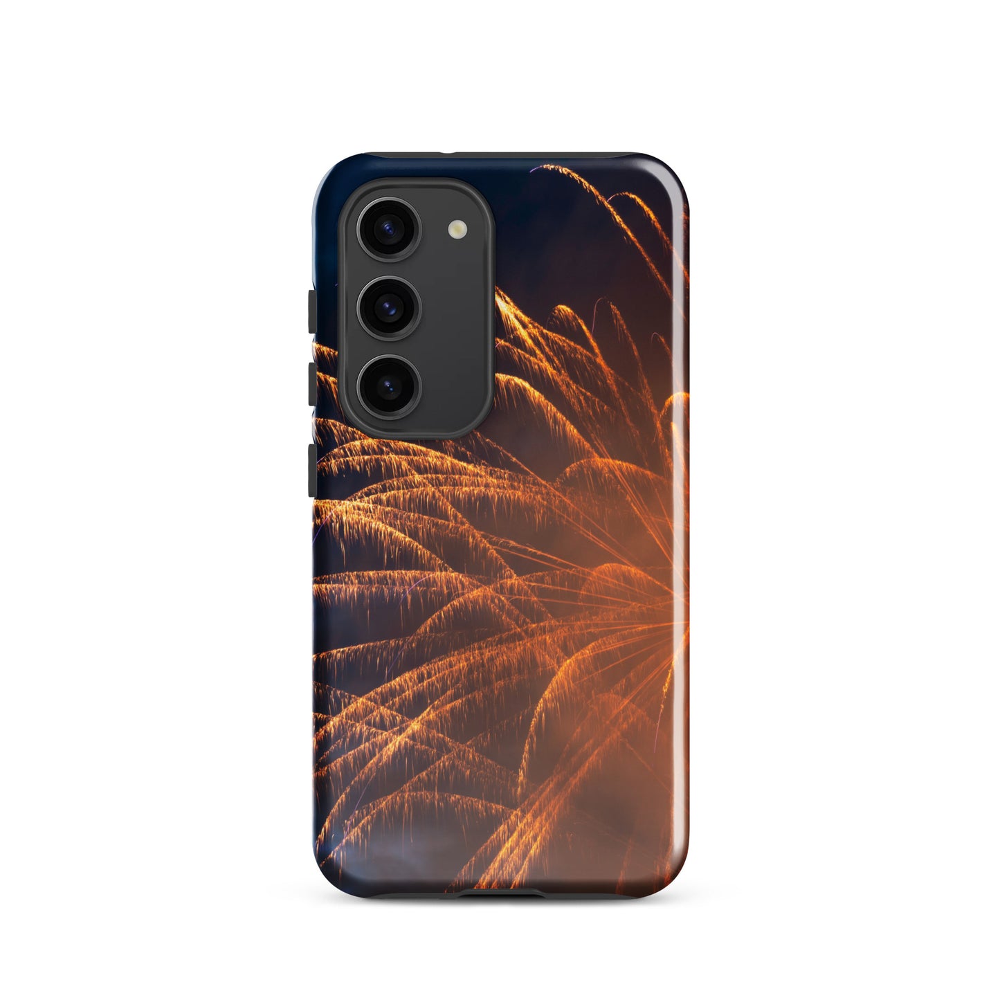 PJ Designs protective Samsung case firework design with orange fireworks on dark background