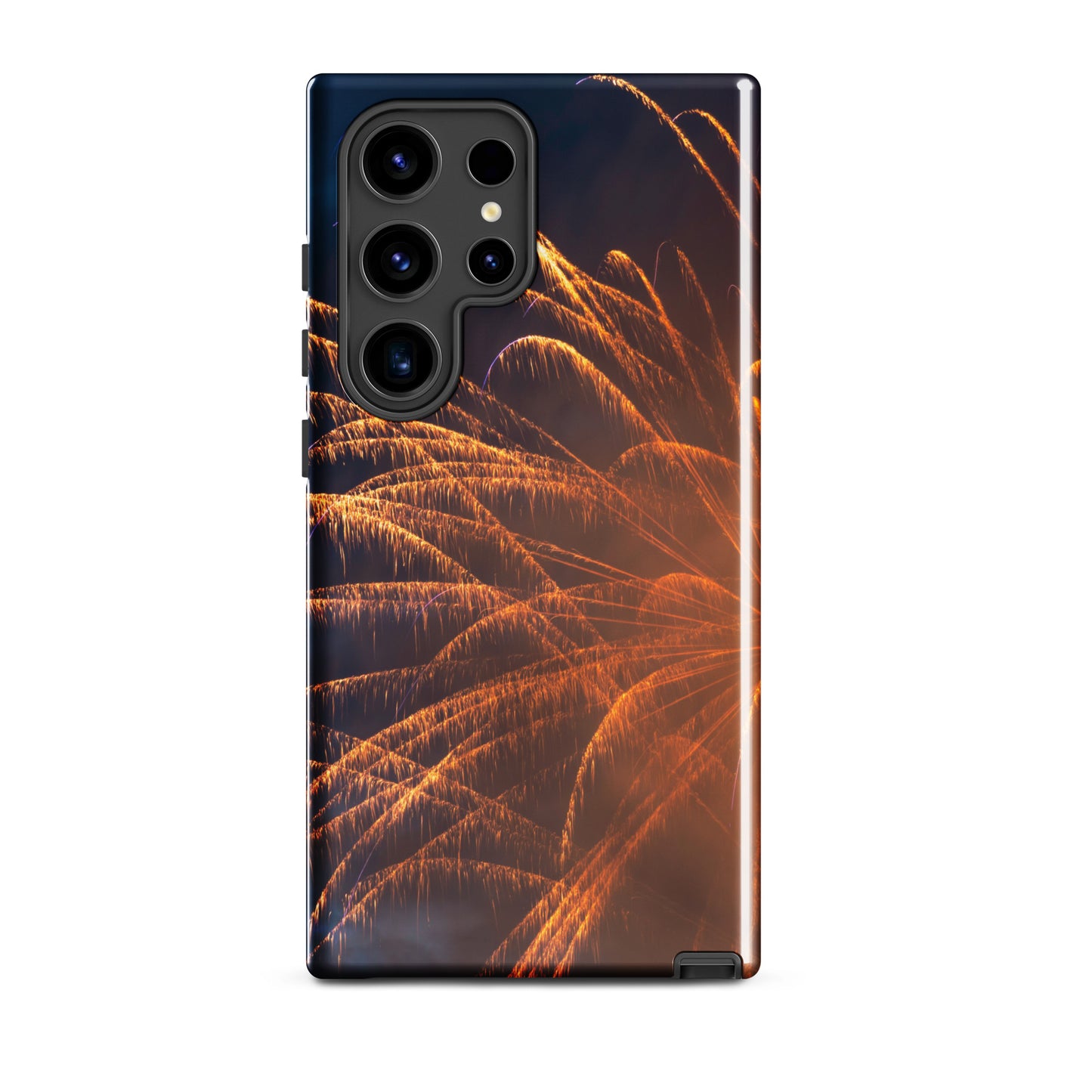 PJ Designs protective Samsung case firework design featuring vibrant orange fireworks on black background