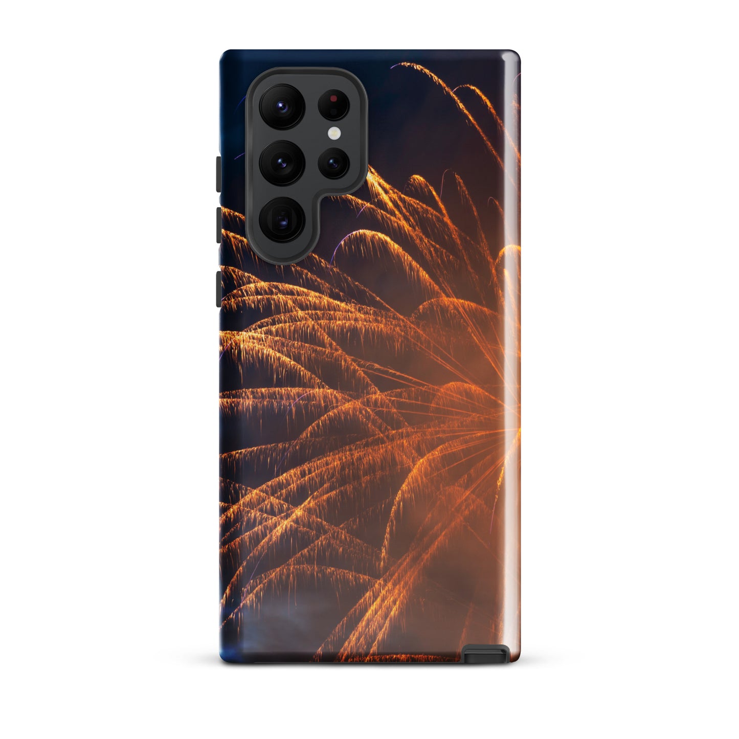 Protective Samsung case firework design by PJ Designs with bright orange fireworks on a dark background