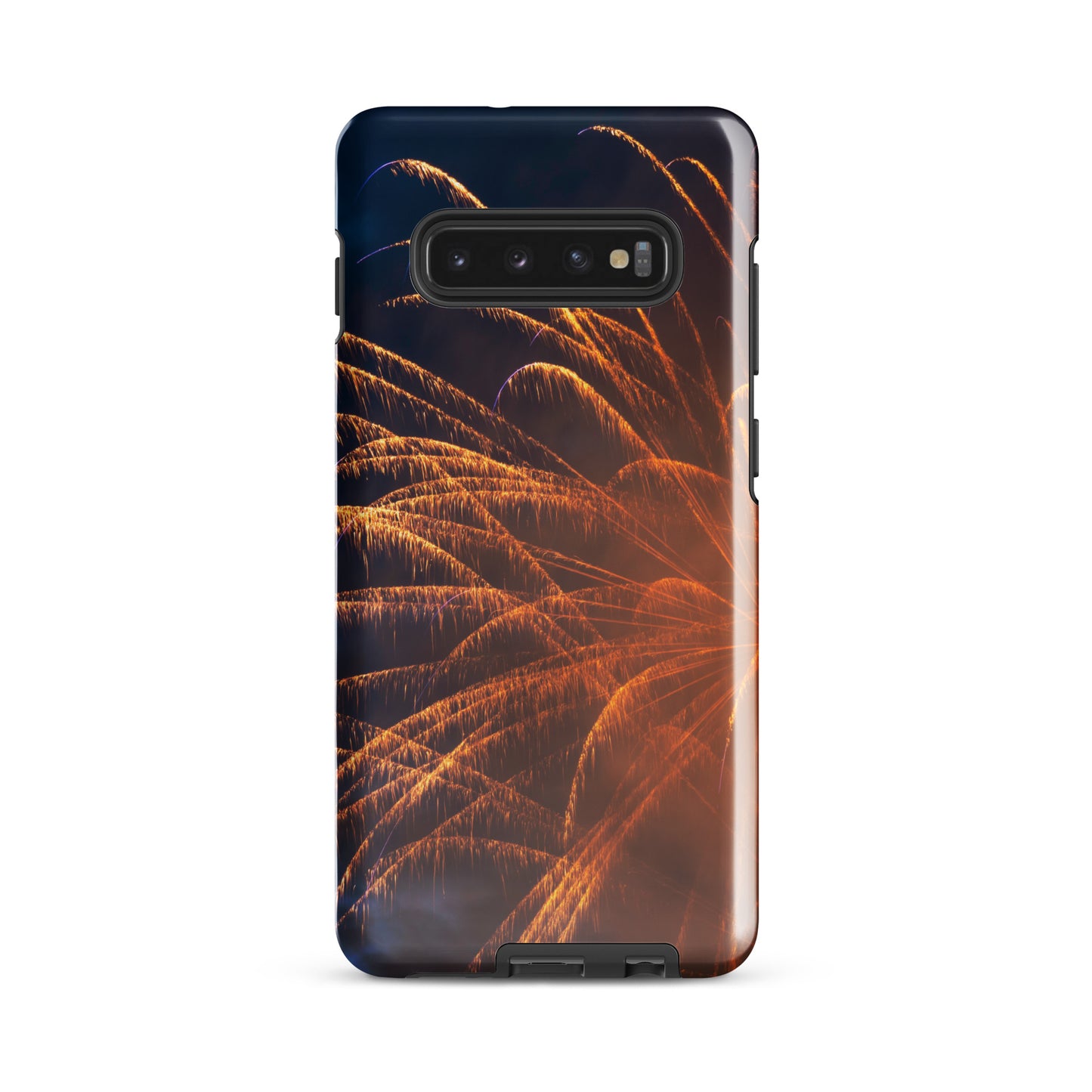 Protective Samsung case firework design by PJ Designs with vibrant orange firework pattern
