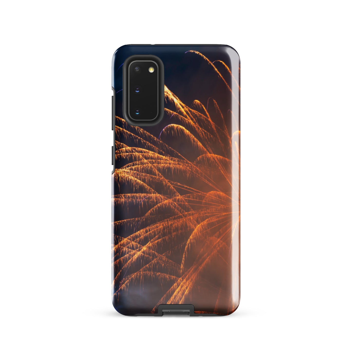 PJ Designs protective Samsung case firework design with vibrant orange fireworks on black background
