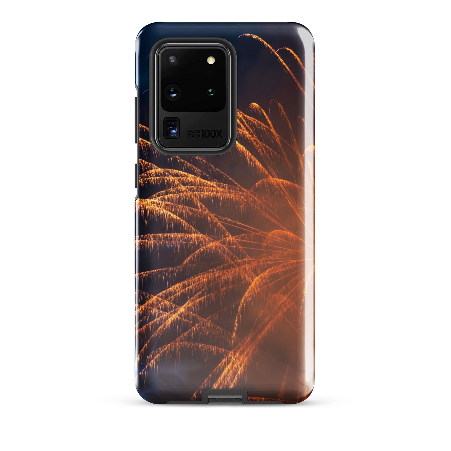 Protective Samsung case firework design by PJ Designs with vibrant orange firework graphics