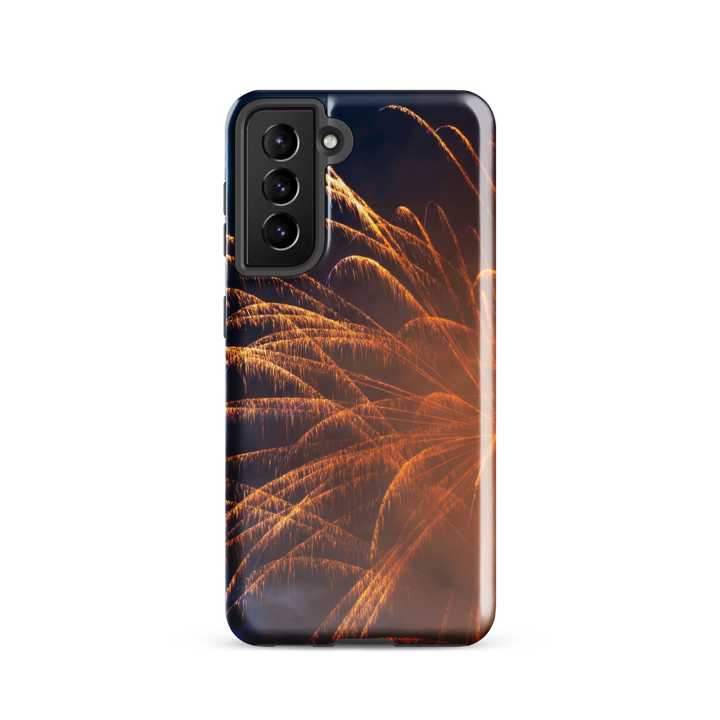 PJ Designs protective Samsung case firework design with bright orange fireworks on a dark background