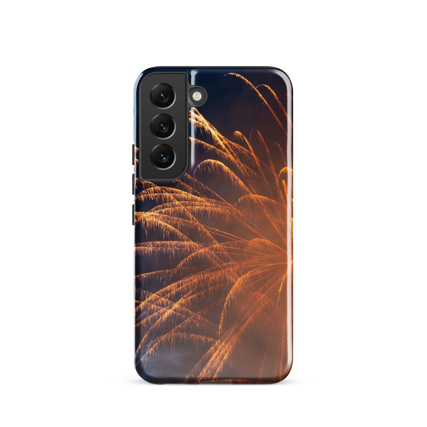Protective Samsung case firework design by PJ Designs with vibrant orange fireworks pattern