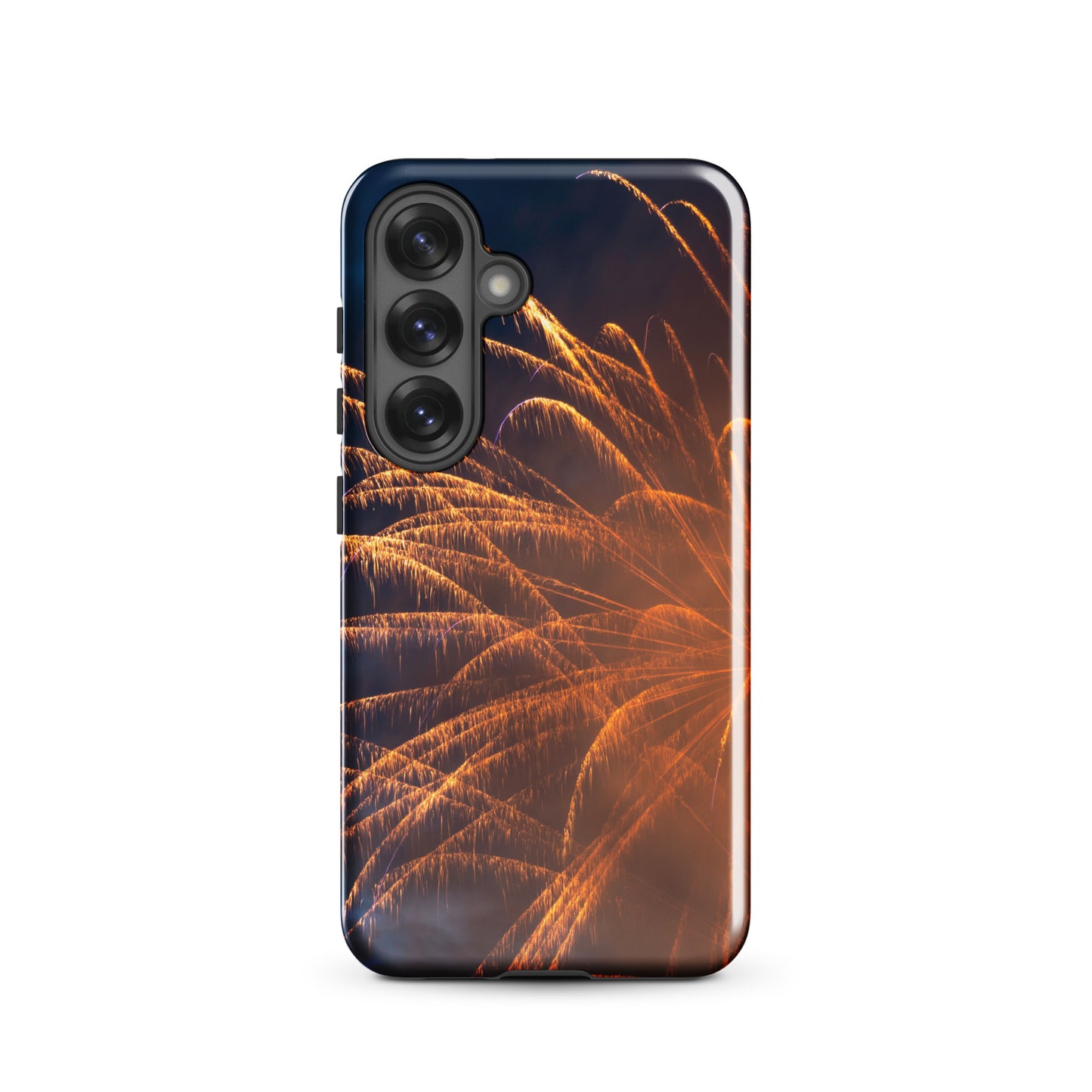 PJ Designs protective Samsung case firework design with vibrant orange fireworks on dark background