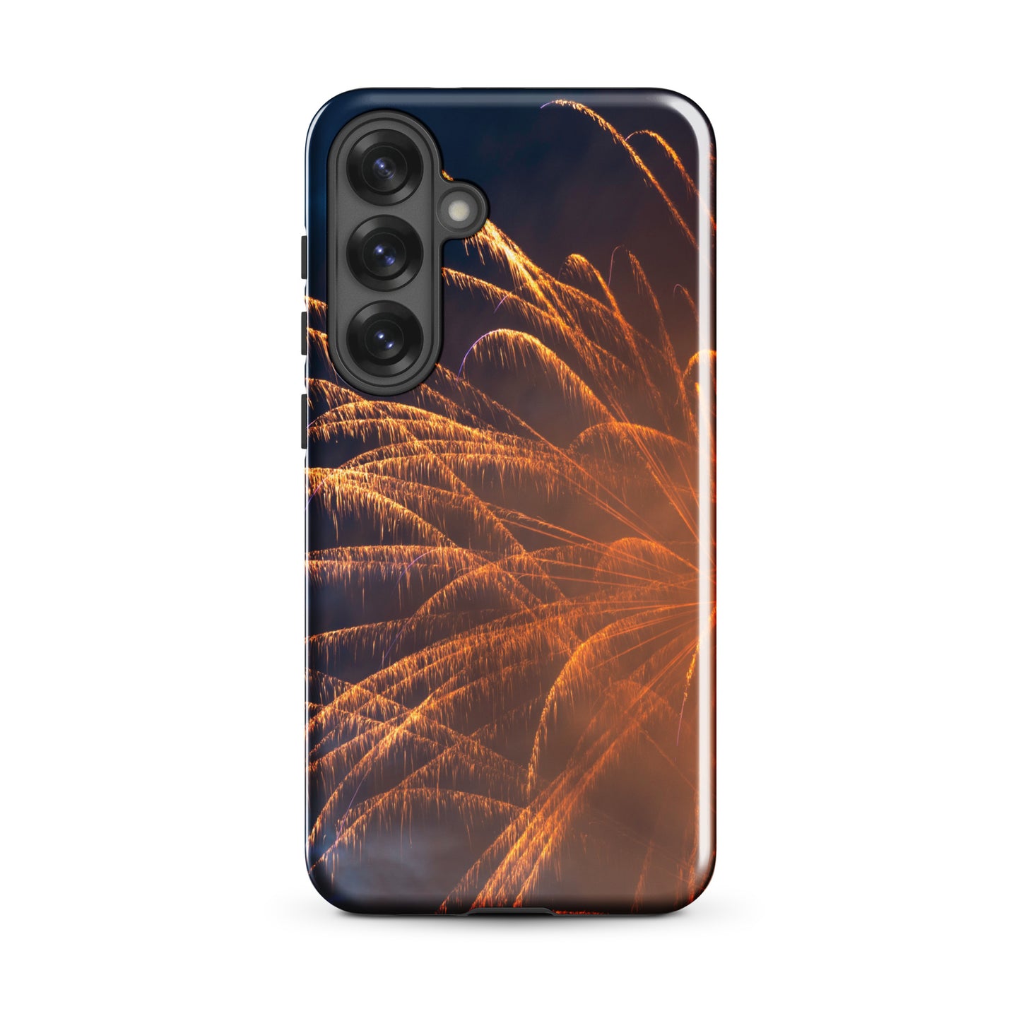Protective Samsung case firework design by PJ Designs with vibrant orange fireworks on dark background