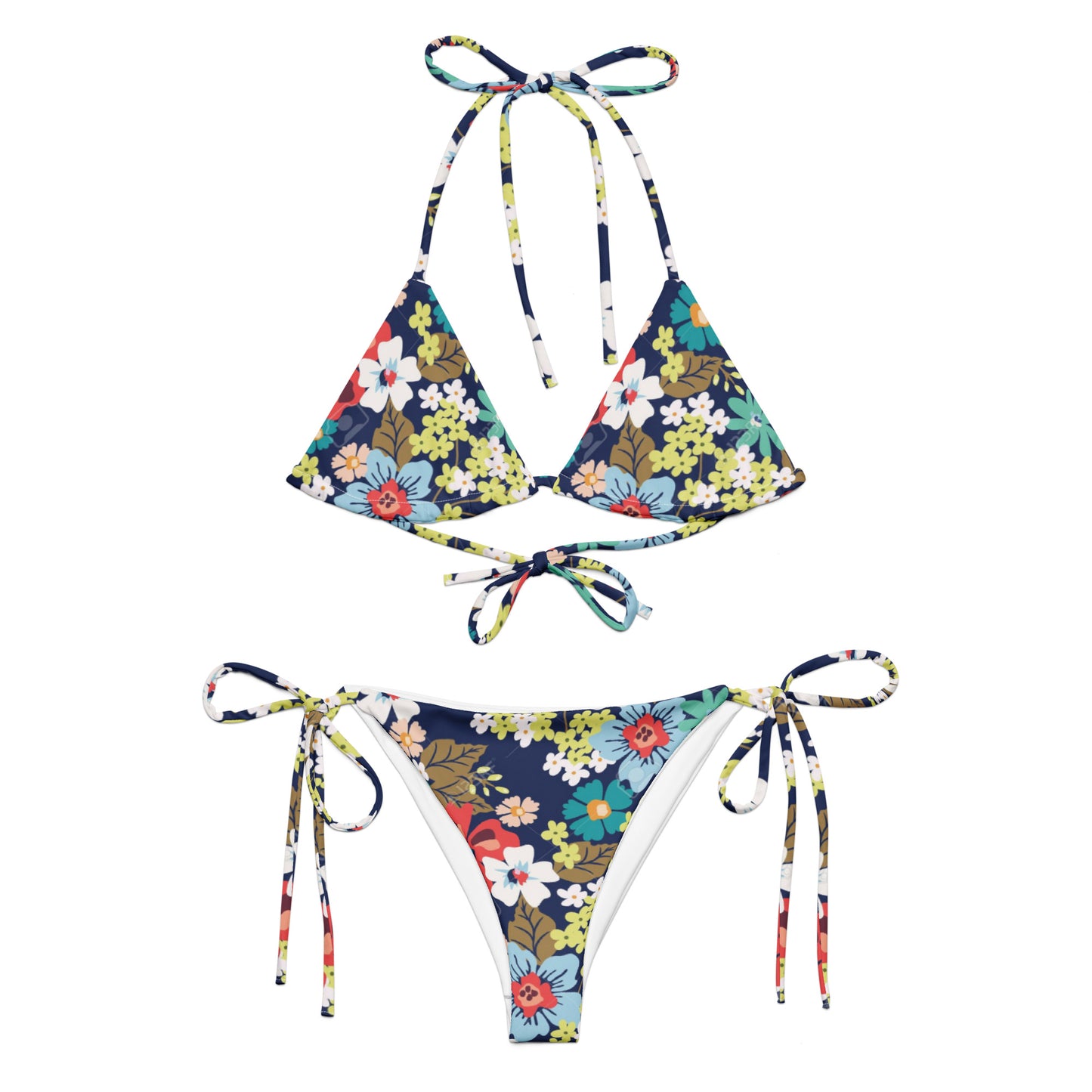 PJ Designs women’s summer beach bikini navy floral triangle tie top and tie side bottoms