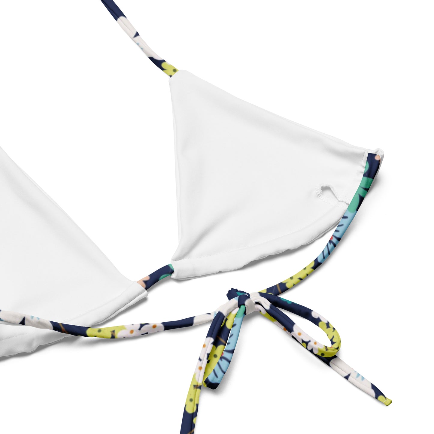 PJ Designs white triangle bikini top with floral trim and tie strings women’s summer beach bikini