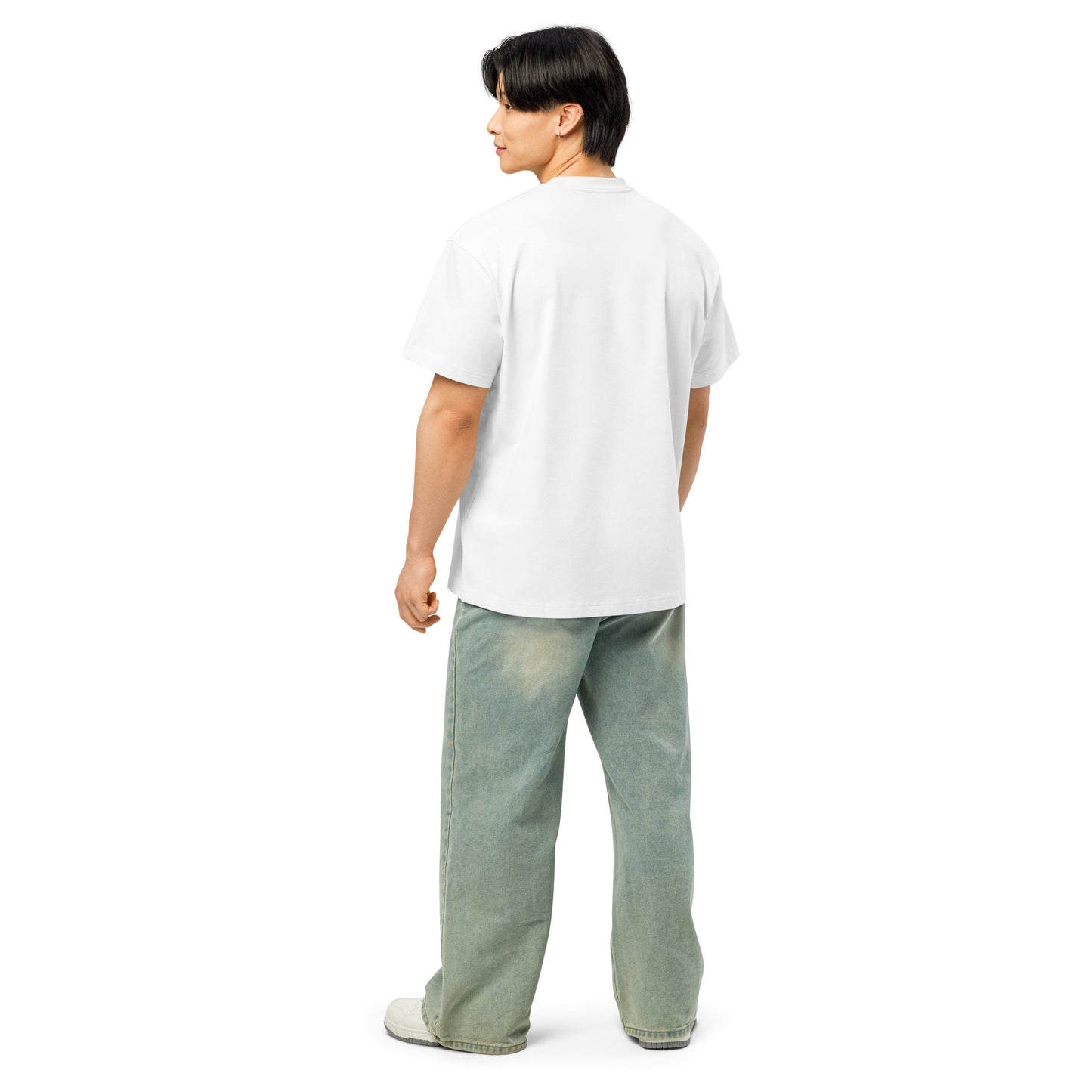 Model wearing PJ Designs unisex street style box tee white back view with relaxed fit and casual jeans