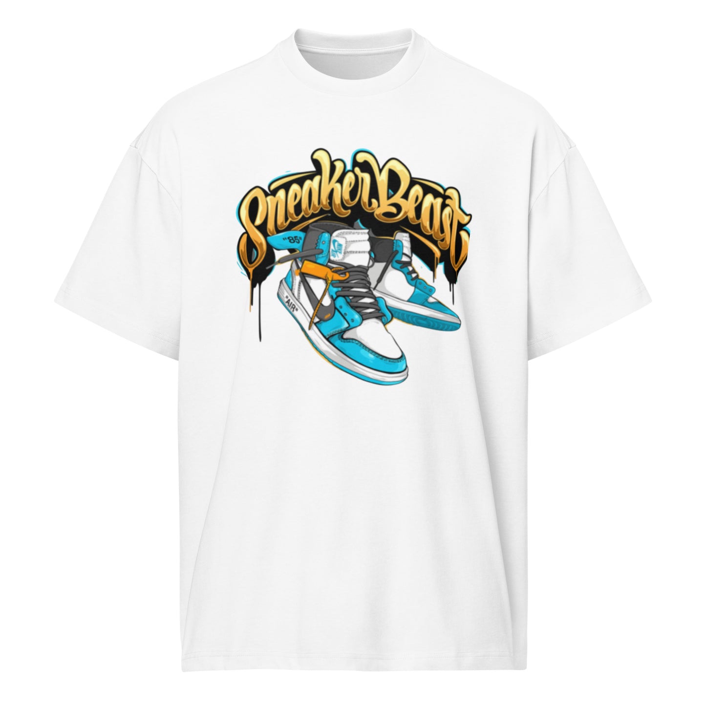 PJ Designs unisex street style box tee white oversized shirt with blue sneaker graphic and graffiti logo