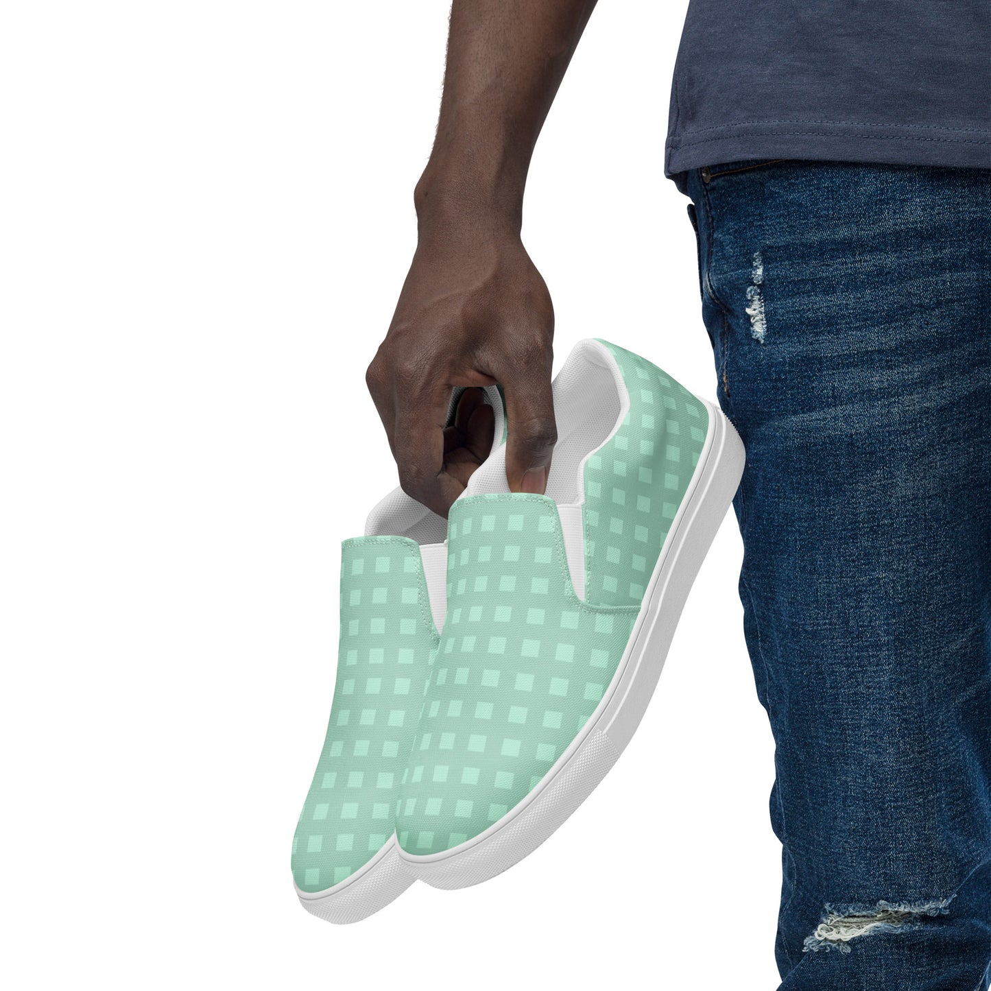 PJ Designs stylish canvas sneakers for men in light green with white checkered pattern and white soles