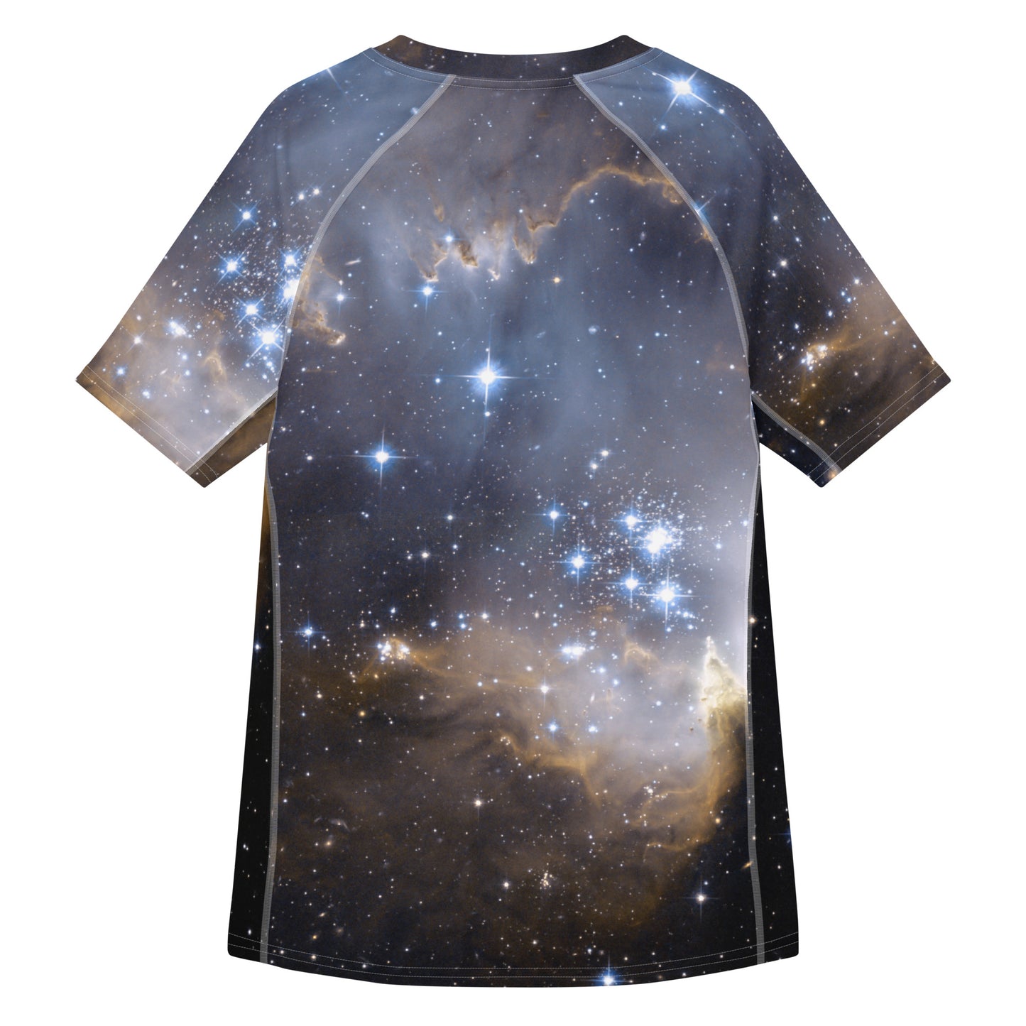 PJ Designs stylish men’s rash guard top featuring a space galaxy print with stars and nebulae