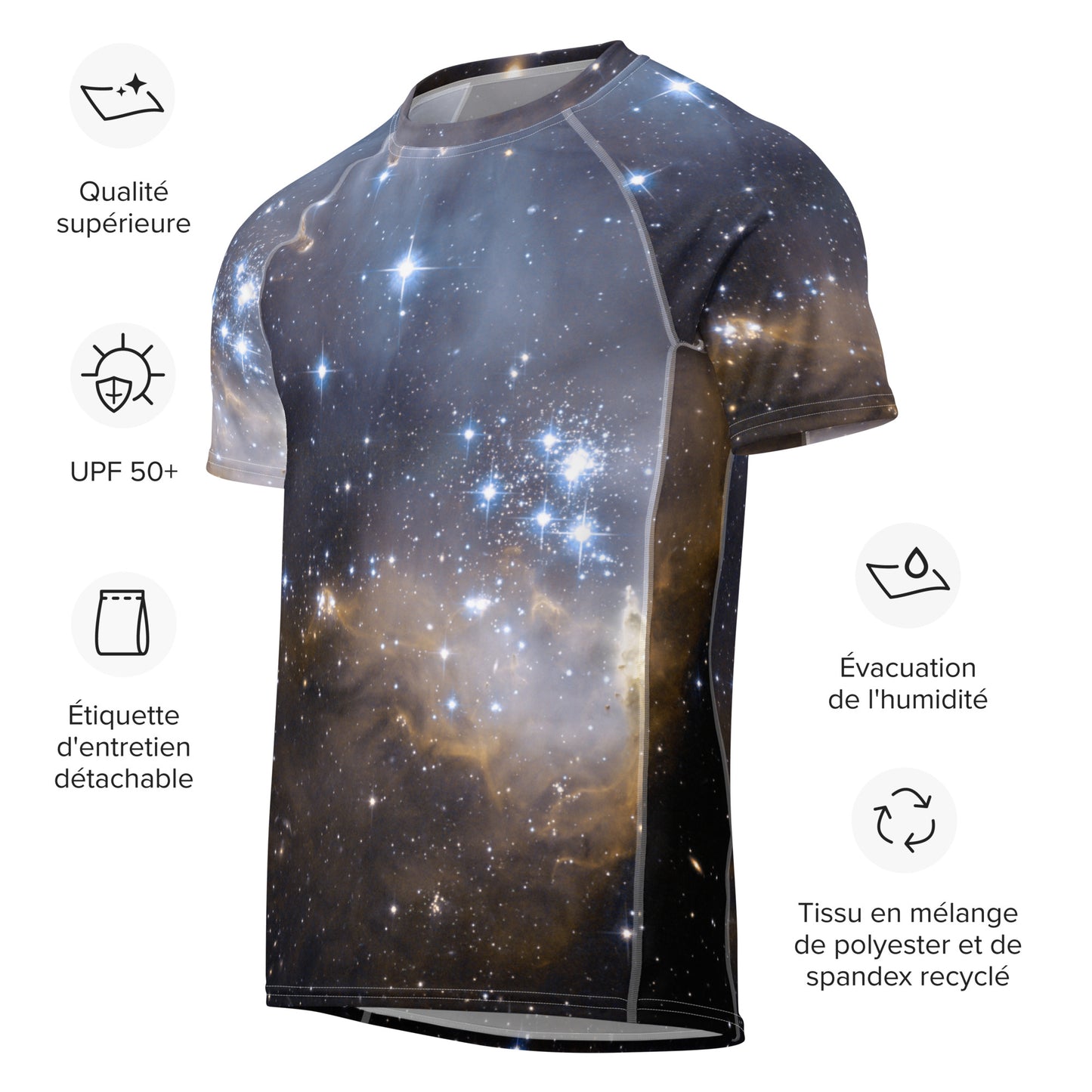 PJ Designs stylish men’s rash guard top with galaxy print and UPF 50 plus sun protection