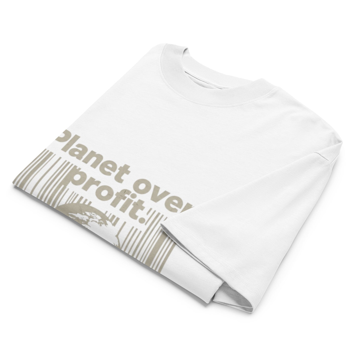 PJ Designs sustainable unisex fashion shirt white T-shirt with planet over profit graphic