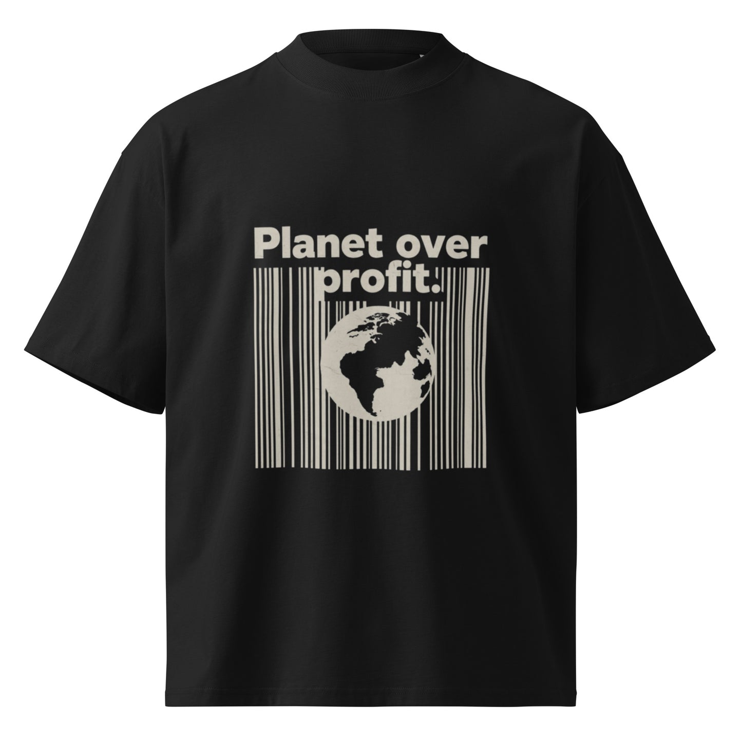 PJ Designs black sustainable unisex fashion shirt with planet over profit graphic print