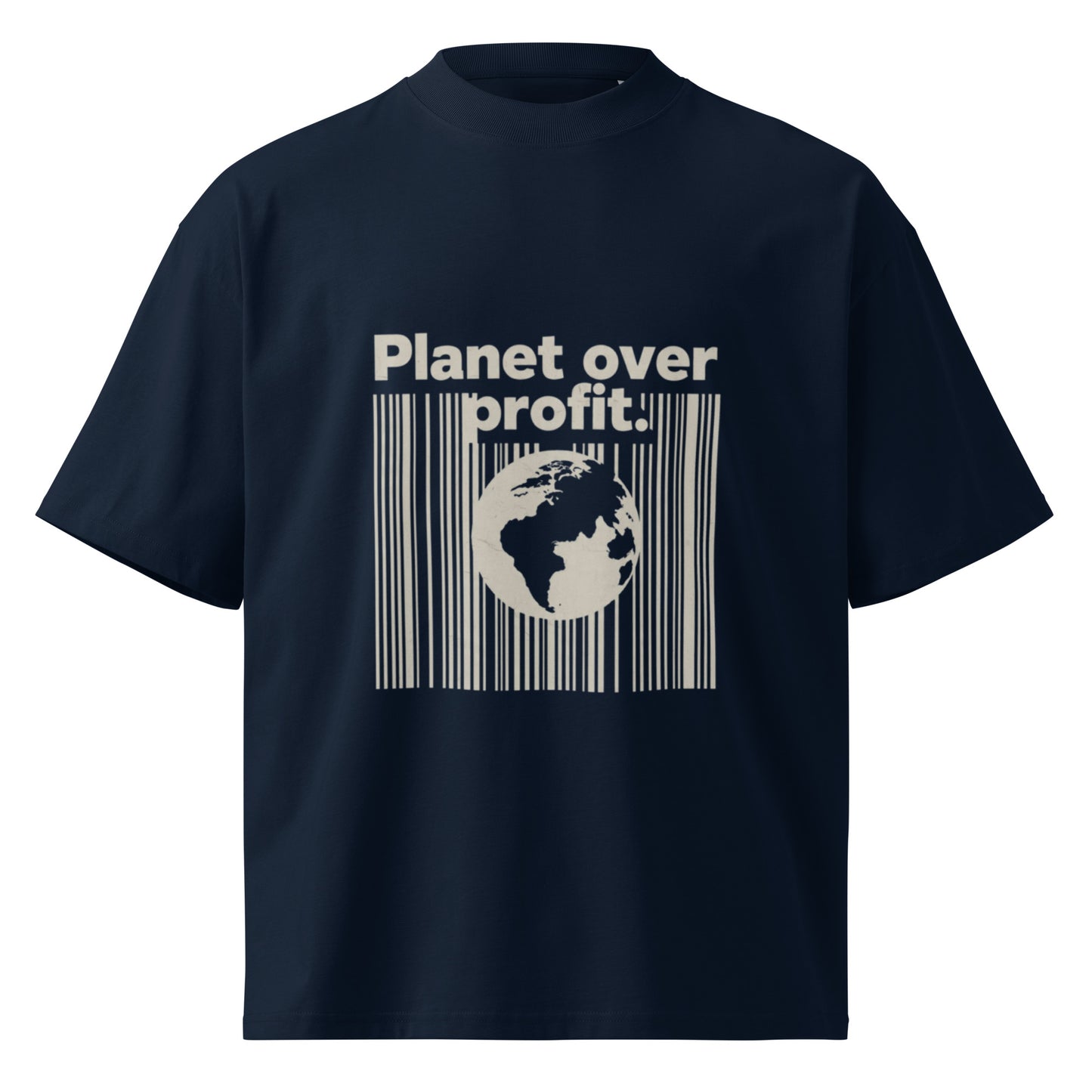 PJ Designs sustainable unisex fashion shirt in navy with Planet over Profit graphic print
