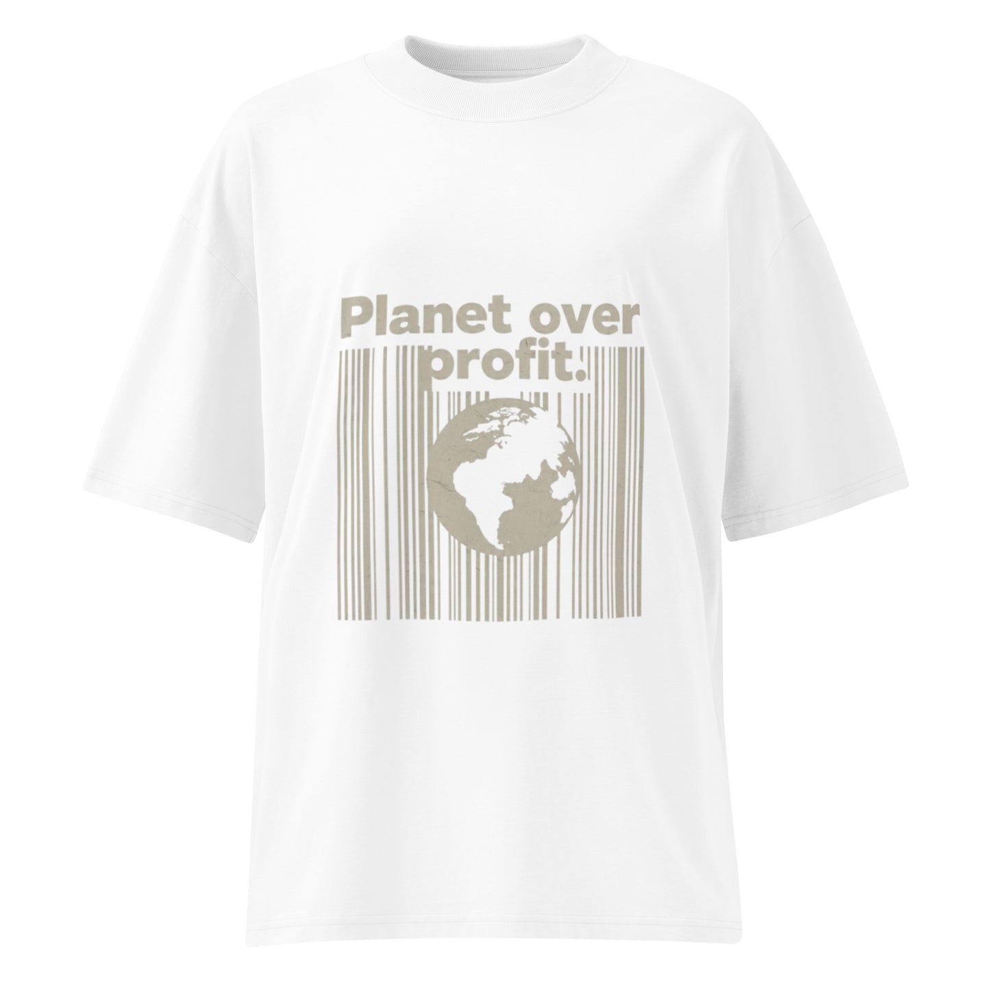 PJ Designs white sustainable unisex fashion shirt with Planet over profit graphic and earth barcode design