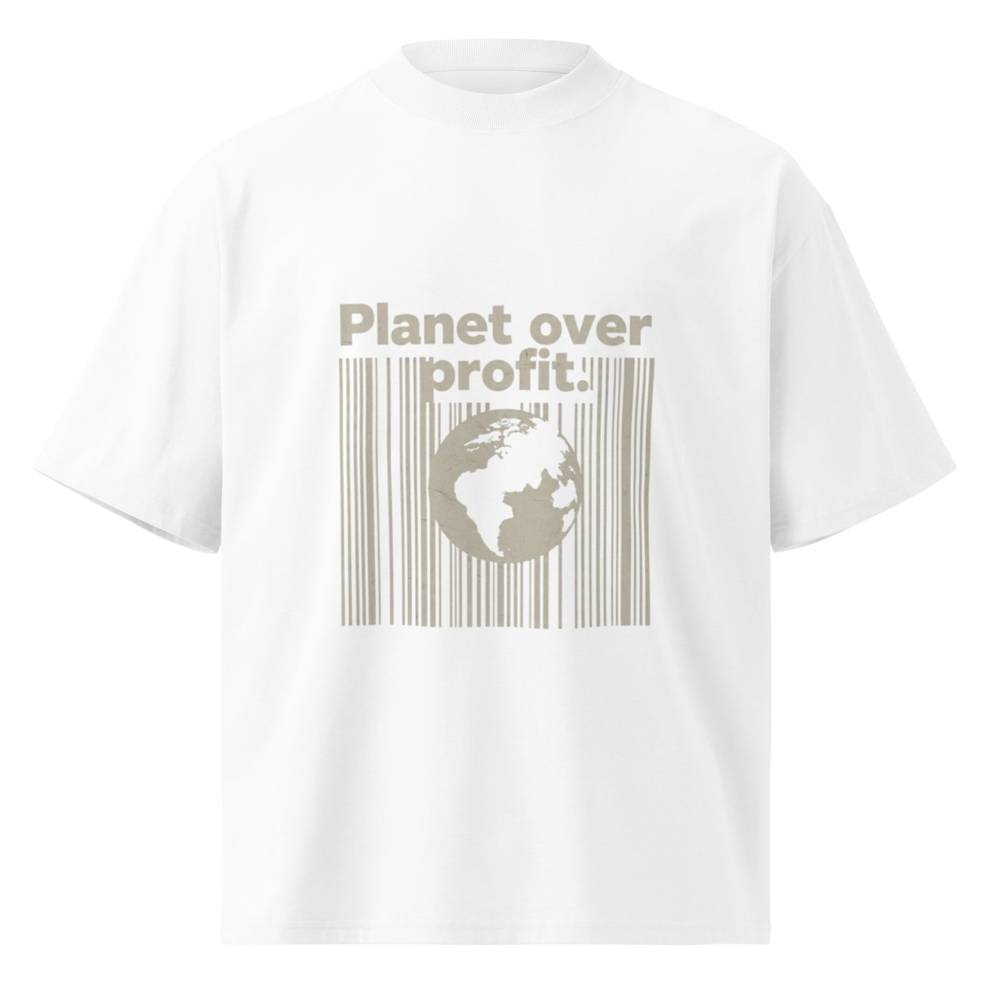 PJ Designs white sustainable unisex fashion shirt with Planet over profit graphic and earth design