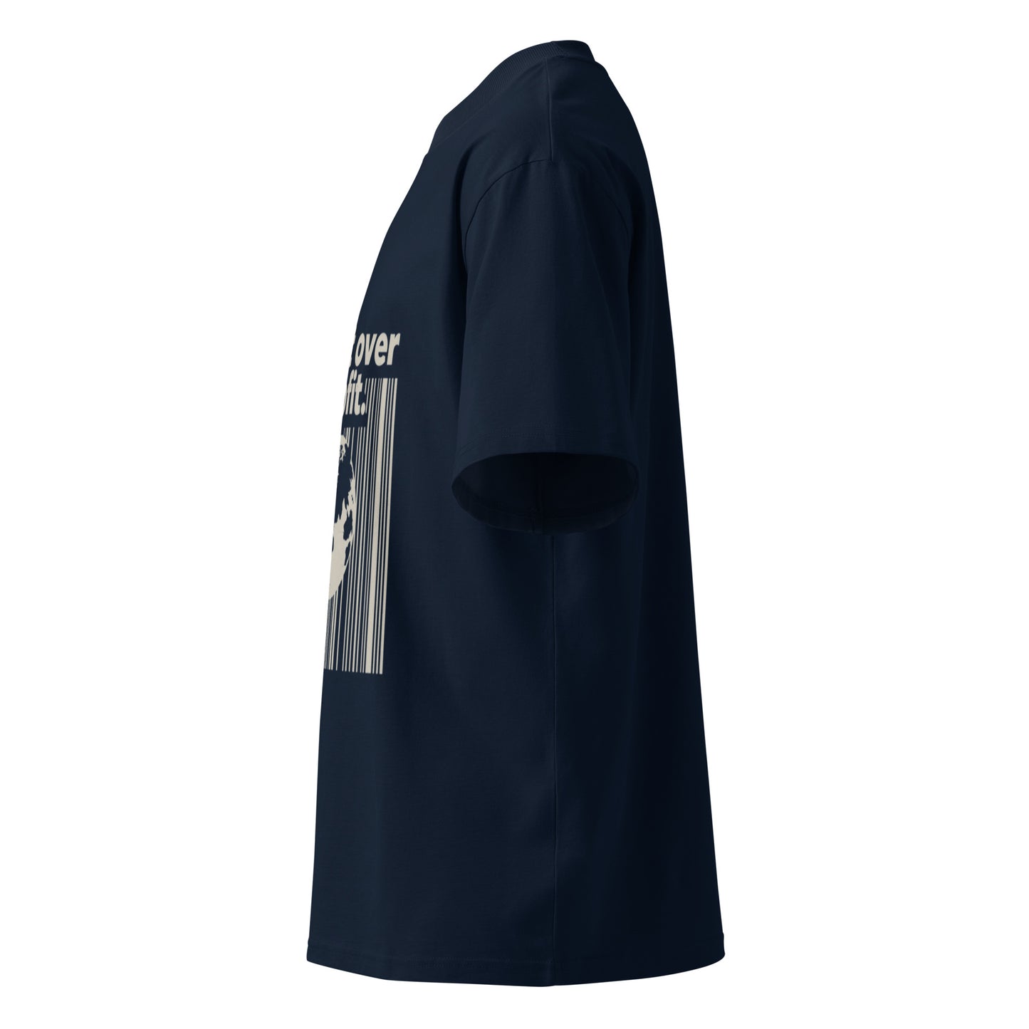 PJ Designs navy sustainable unisex fashion shirt with short sleeves and graphic print side view