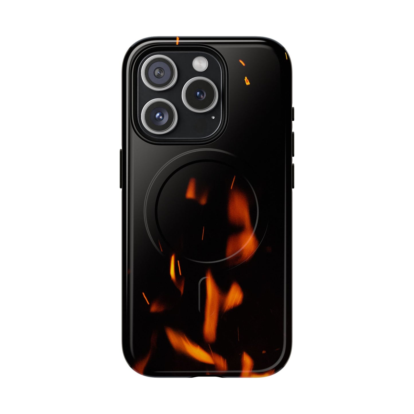 PJ Designs tough flame design phone case with black background and orange flame accents