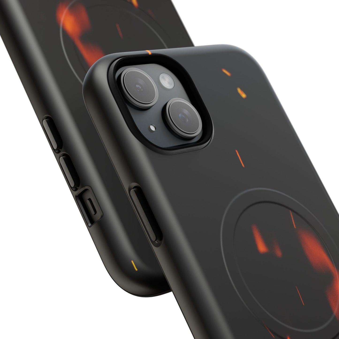 PJ Designs tough flame design phone case with black matte finish and fiery orange accents
