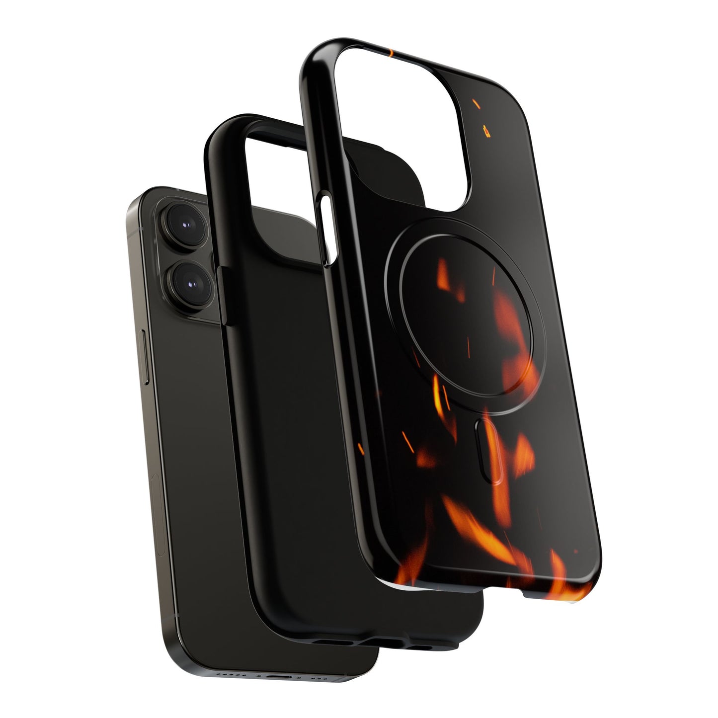 PJ Designs tough flame design phone case with black background and fiery orange flame graphics