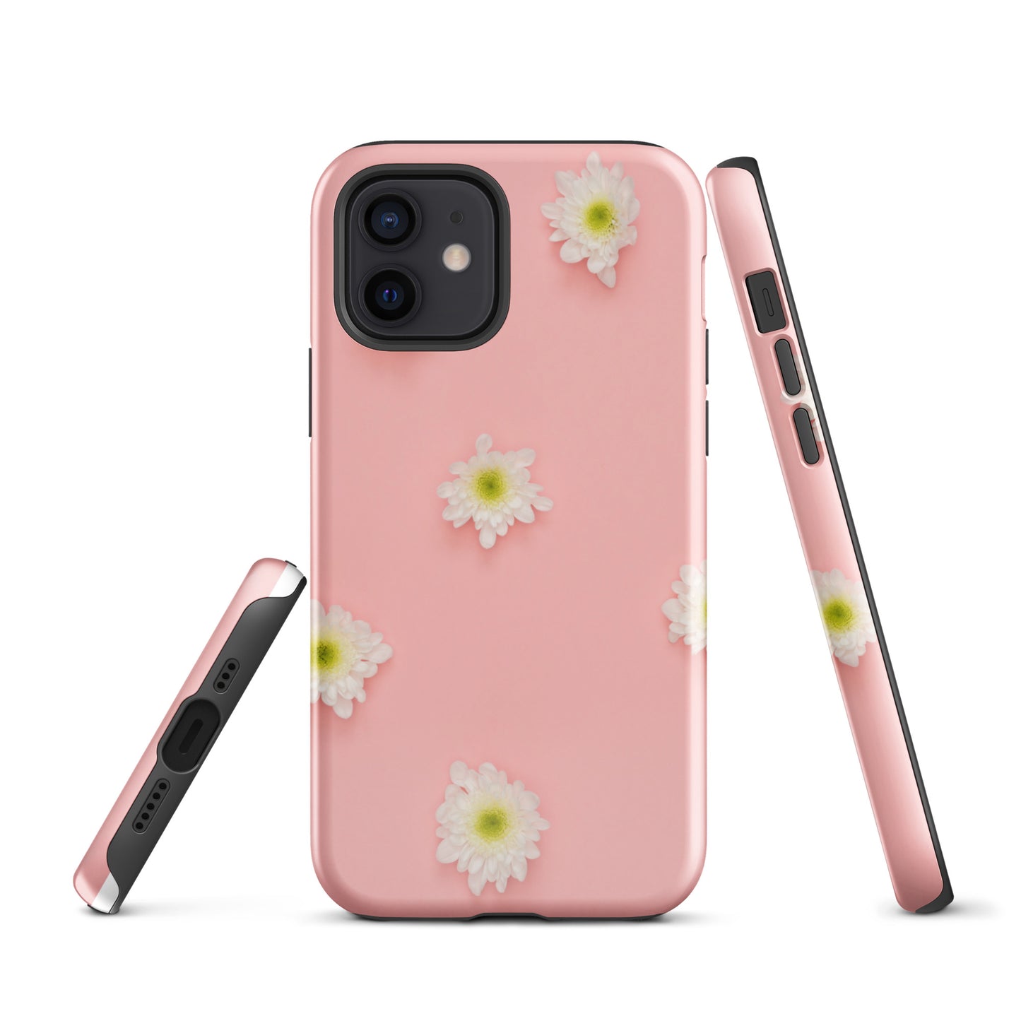 PJ Designs tough iPhone case floral design with pink background and white flowers for stylish protection