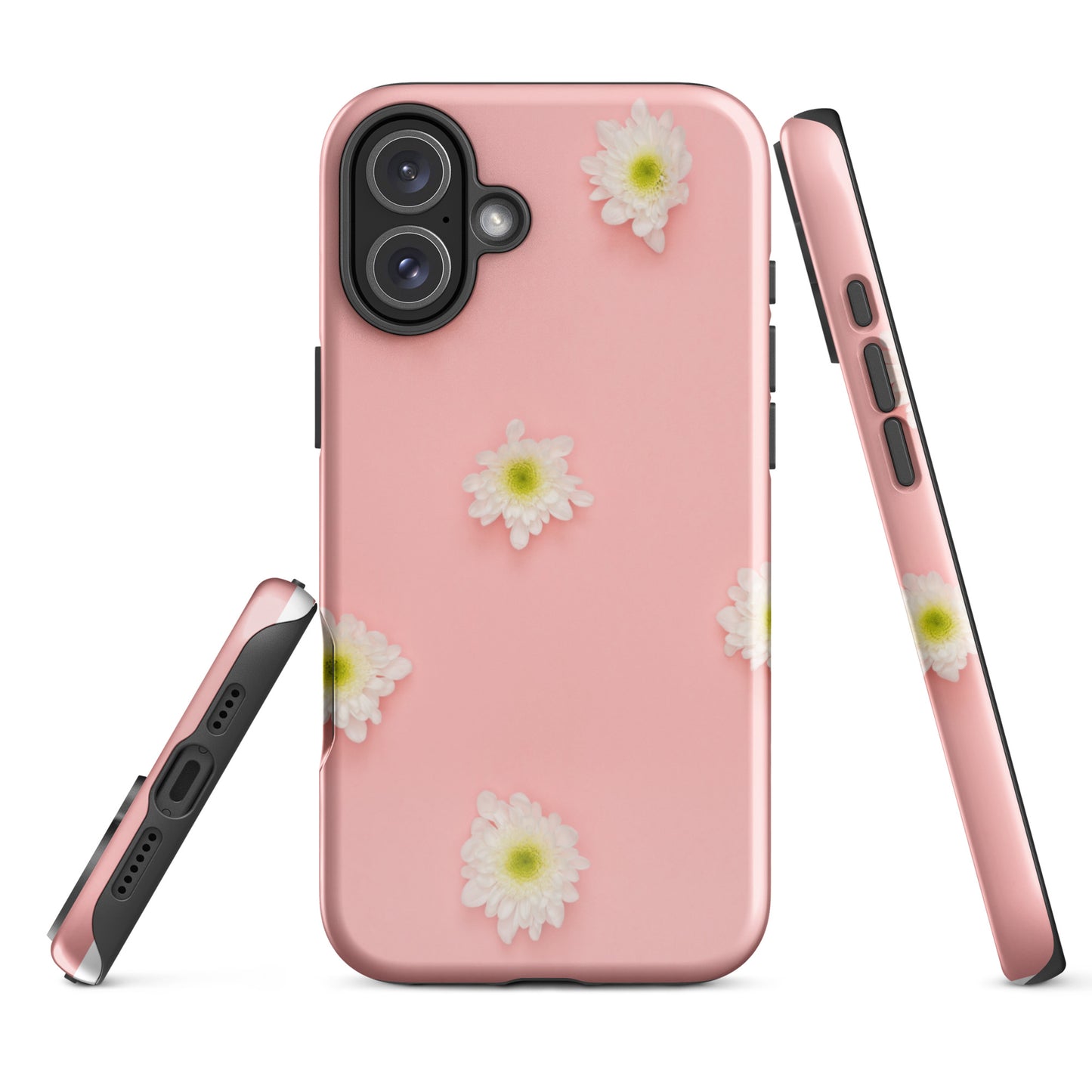 Tough iPhone case floral design by PJ Designs in pink with white daisies and black edges