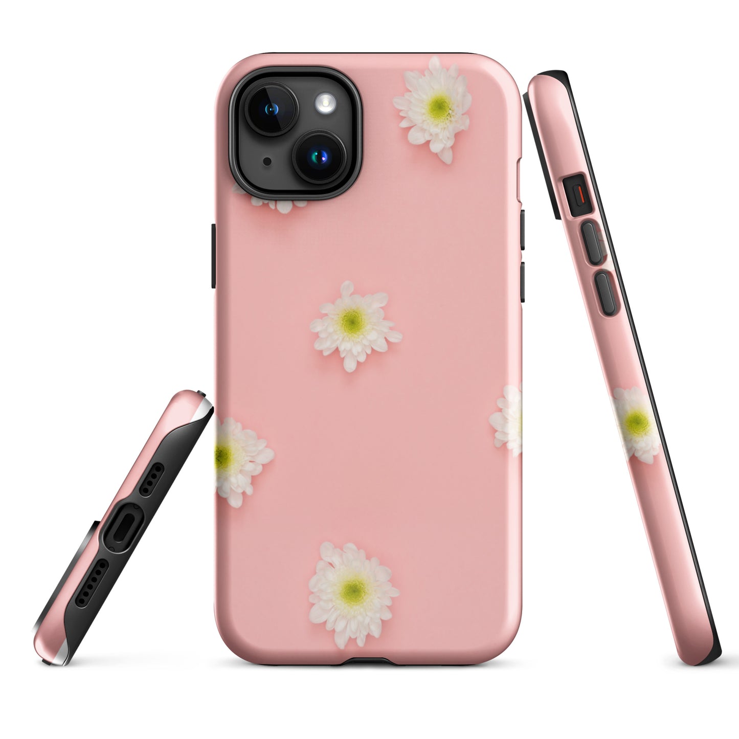 PJ Designs tough iPhone case floral design in pink with white flowers and protective edges