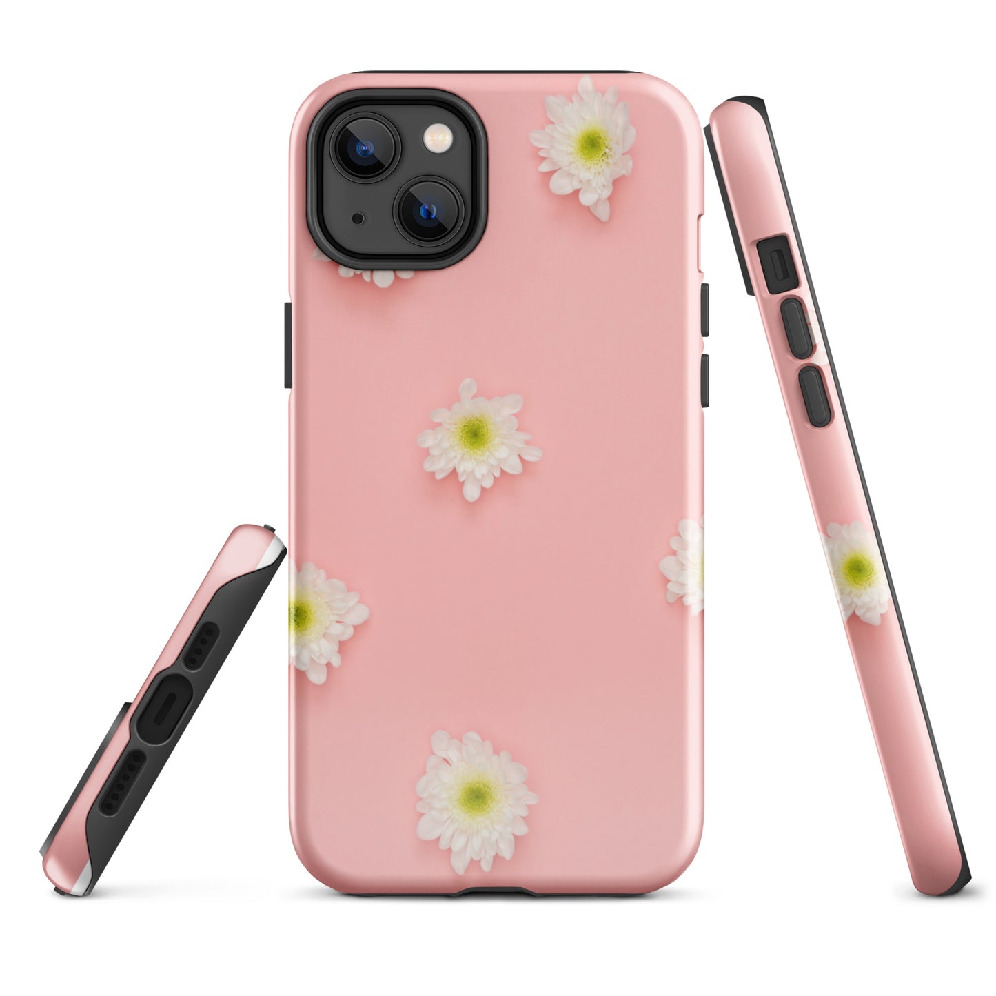 PJ Designs tough iPhone case floral design with pink background and white flower accents