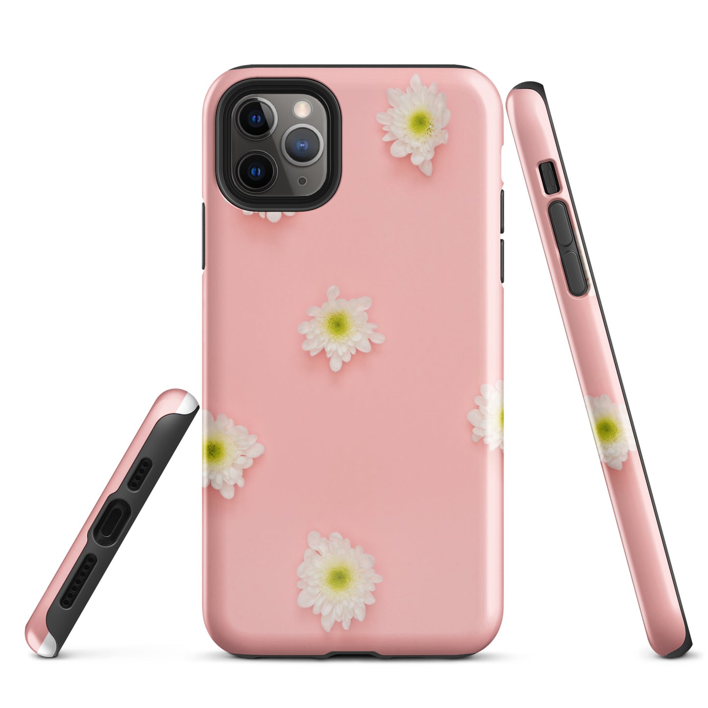 PJ Designs tough iPhone case floral design in pink with white daisy flowers and protective edges