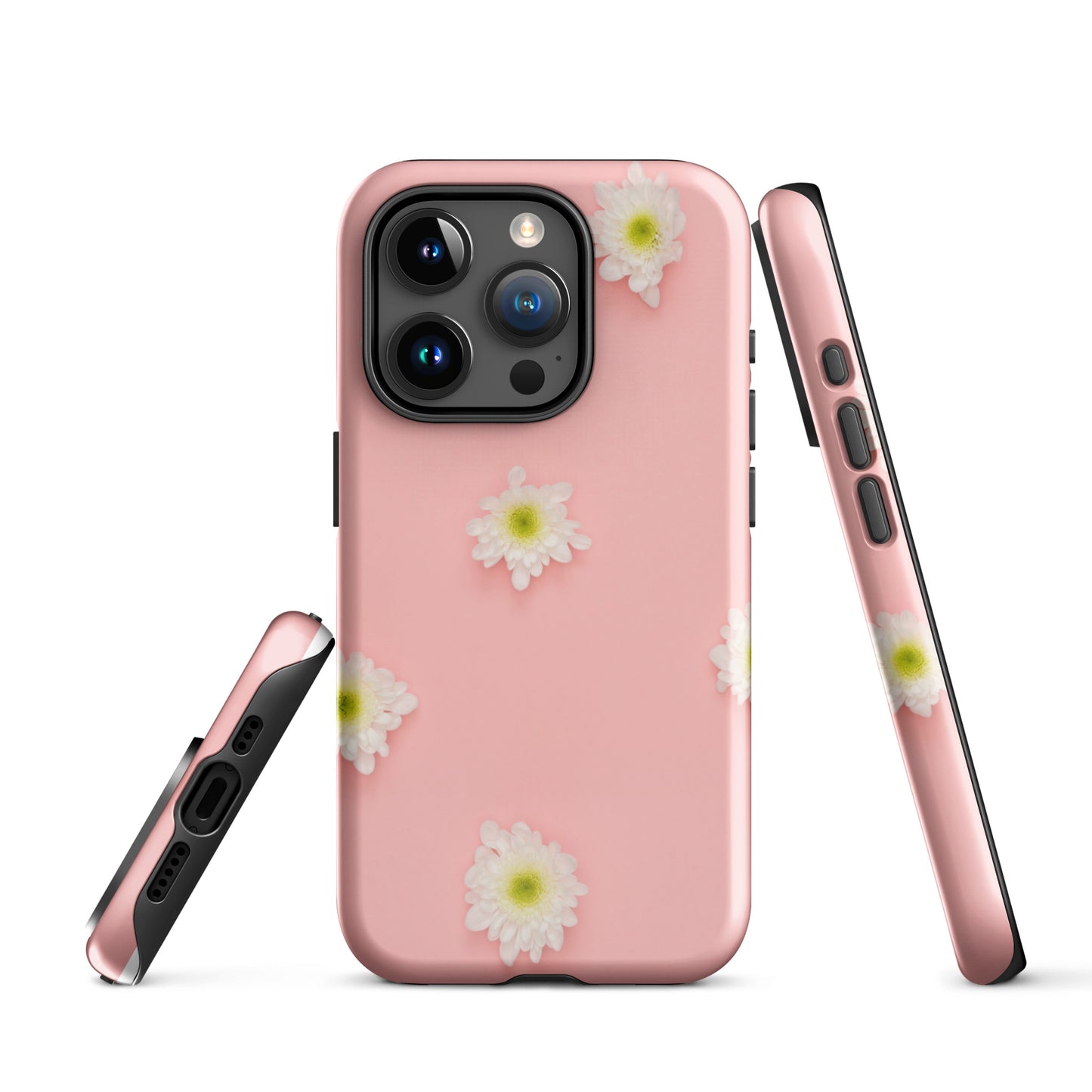 PJ Designs tough iPhone case floral design in pink with white daisy flowers and black accents