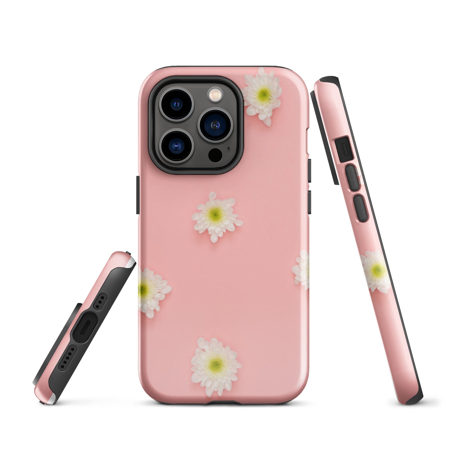 PJ Designs tough iPhone case floral design in pink with white daisy flowers and black button accents
