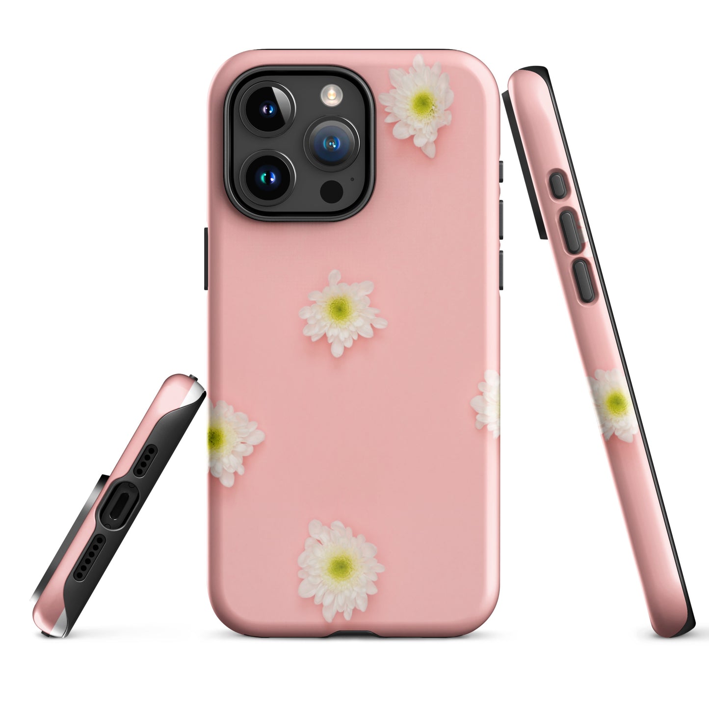 PJ Designs tough iPhone case floral design in pink with white daisy flowers and black edges