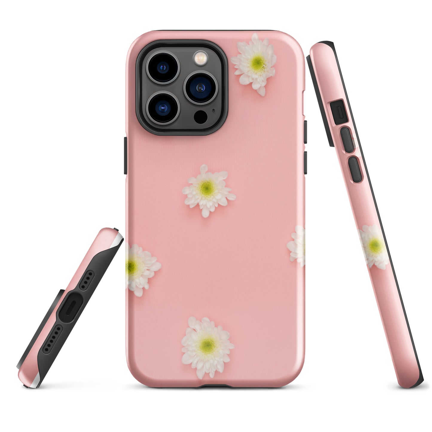 PJ Designs tough iPhone case floral design with white flowers on pink background for durable protection