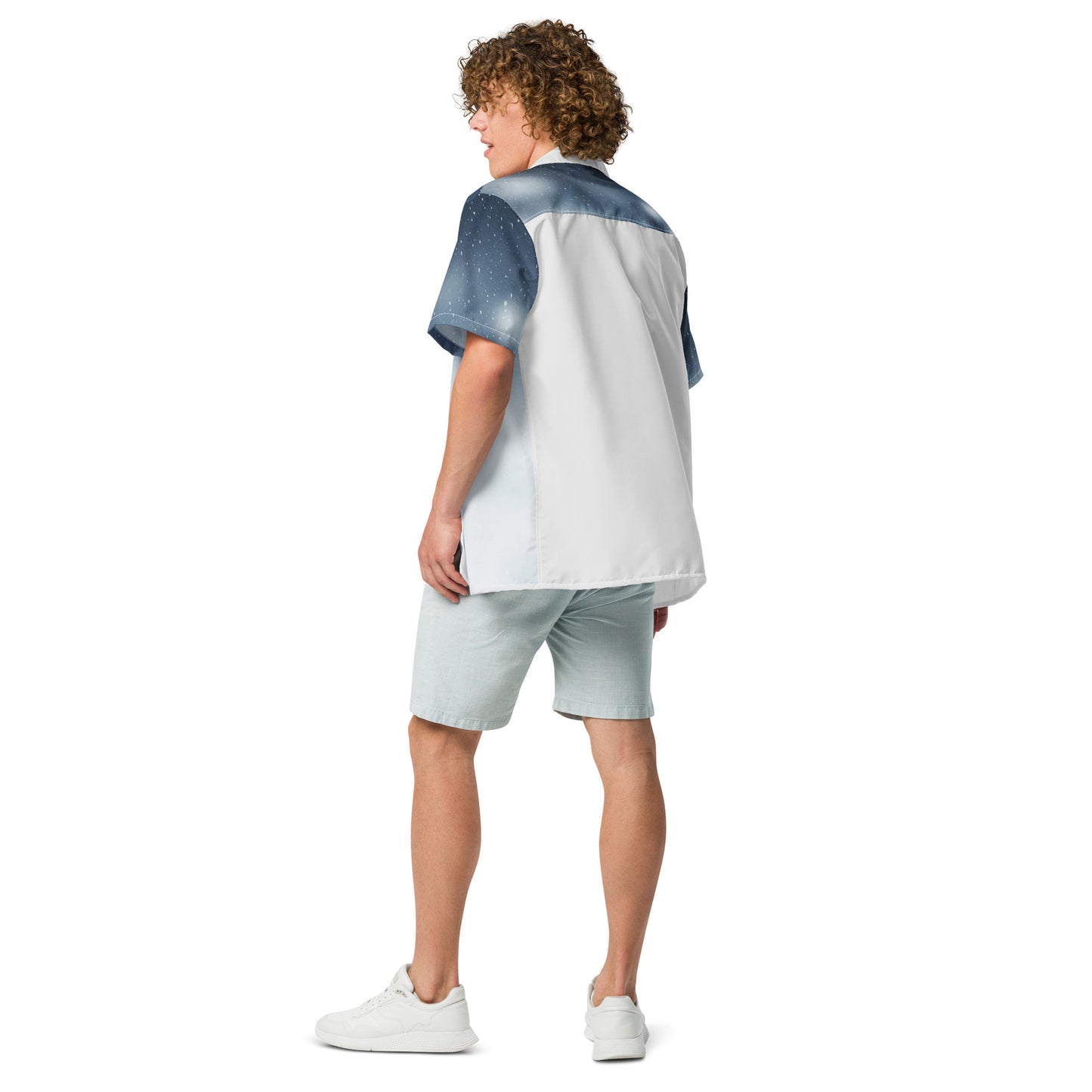 Back view of a model wearing PJ Designs unisex casual button shirt with gradient blue and white colors