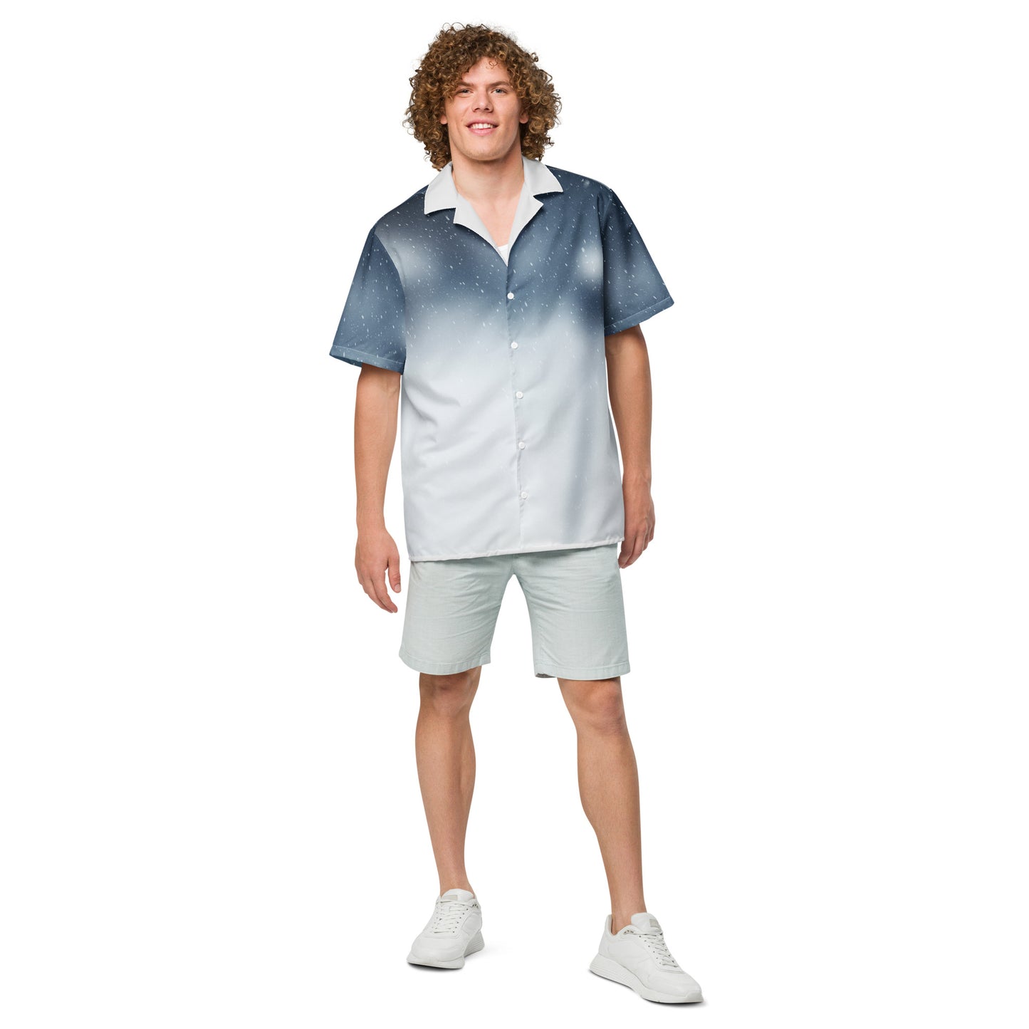 PJ Designs unisex casual button shirt in a blue and white gradient worn by a man with shorts and white sneakers