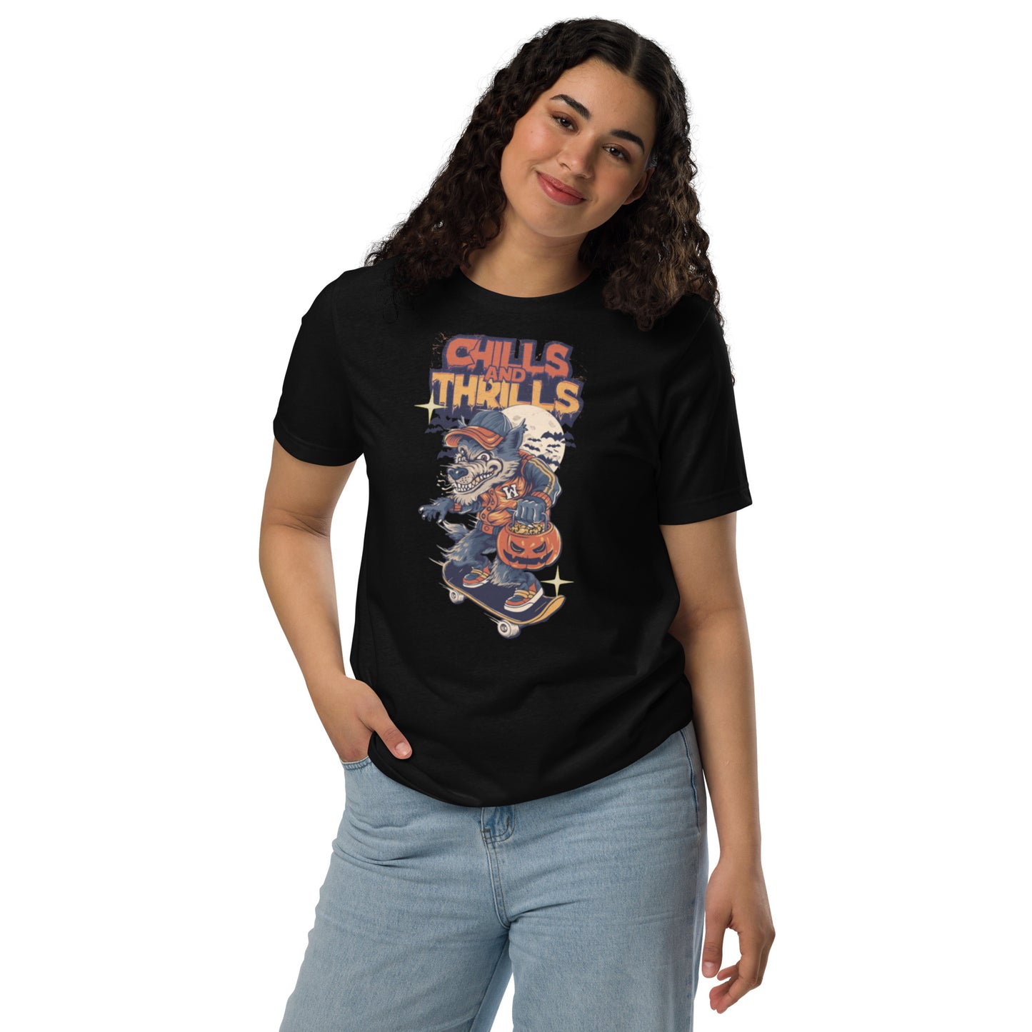 PJ Designs unisex eco friendly t-shirt featuring a vibrant Halloween graphic with a fun design
