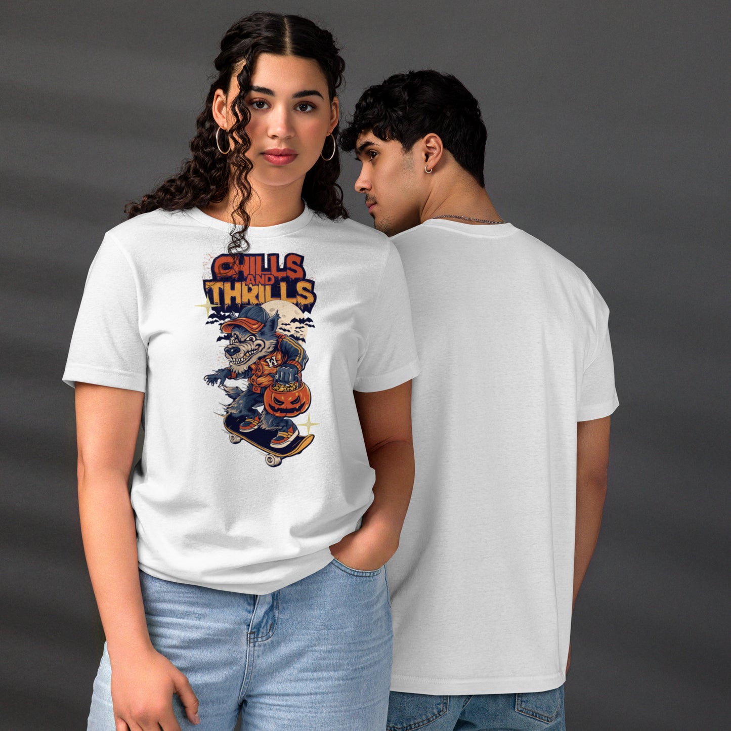 PJ Designs unisex eco friendly t-shirt featuring a Halloween graphic with spooky themes